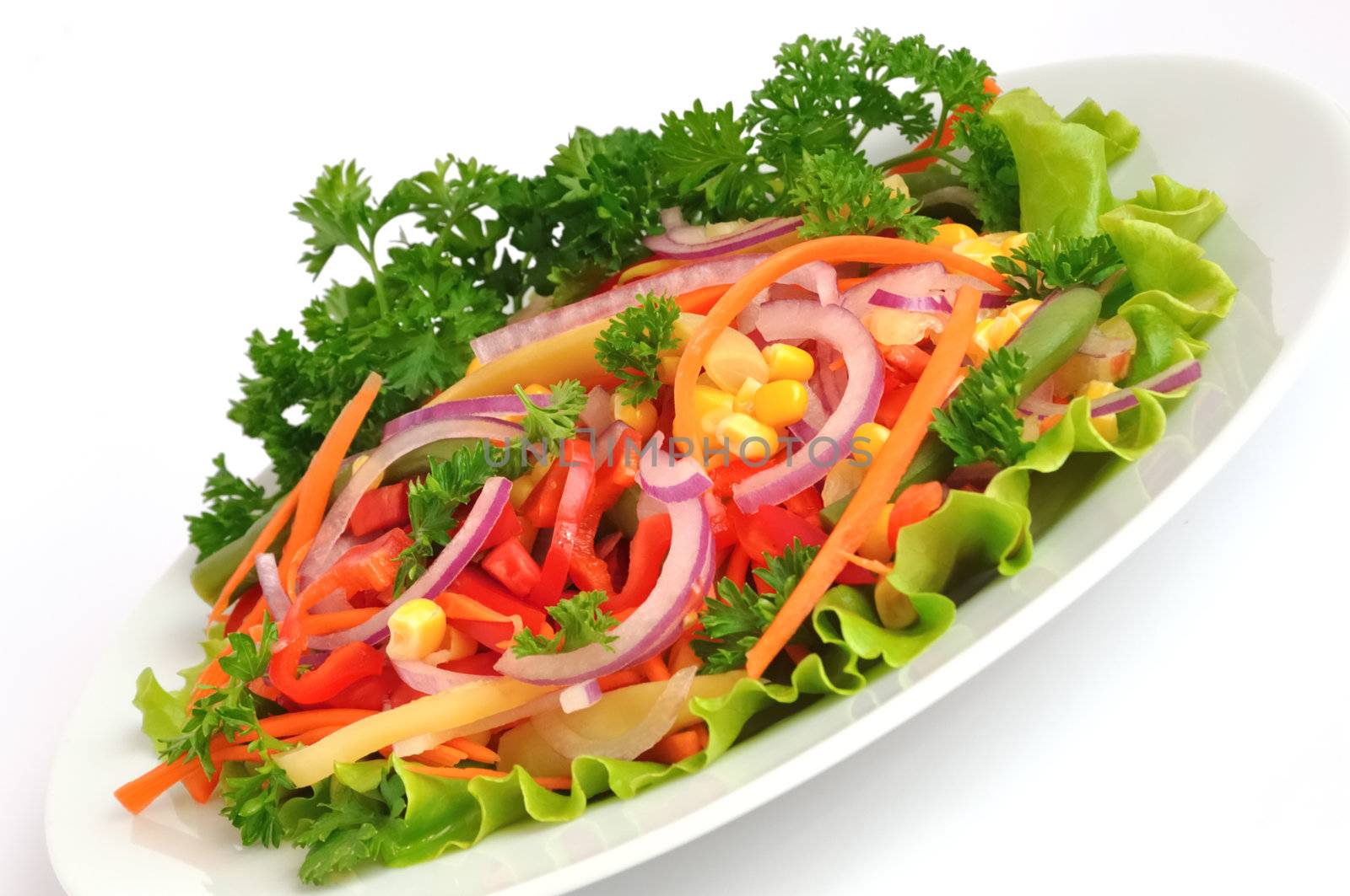 Salad of corn, peppers, carrots, tomatoes with "green beans"