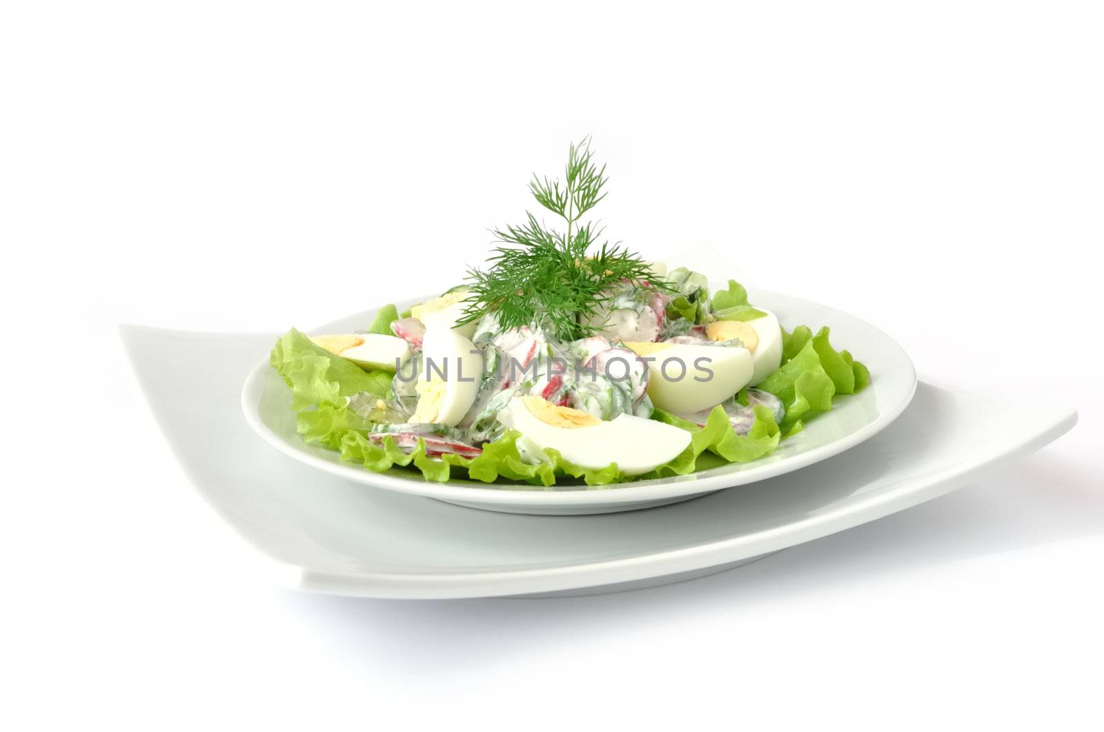 Salad radishes and cucumbers in sour cream sauce with egg