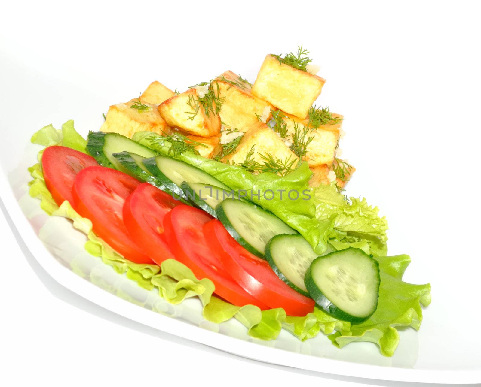  Potato country style with dill and garlic, fresh vegetables on white background