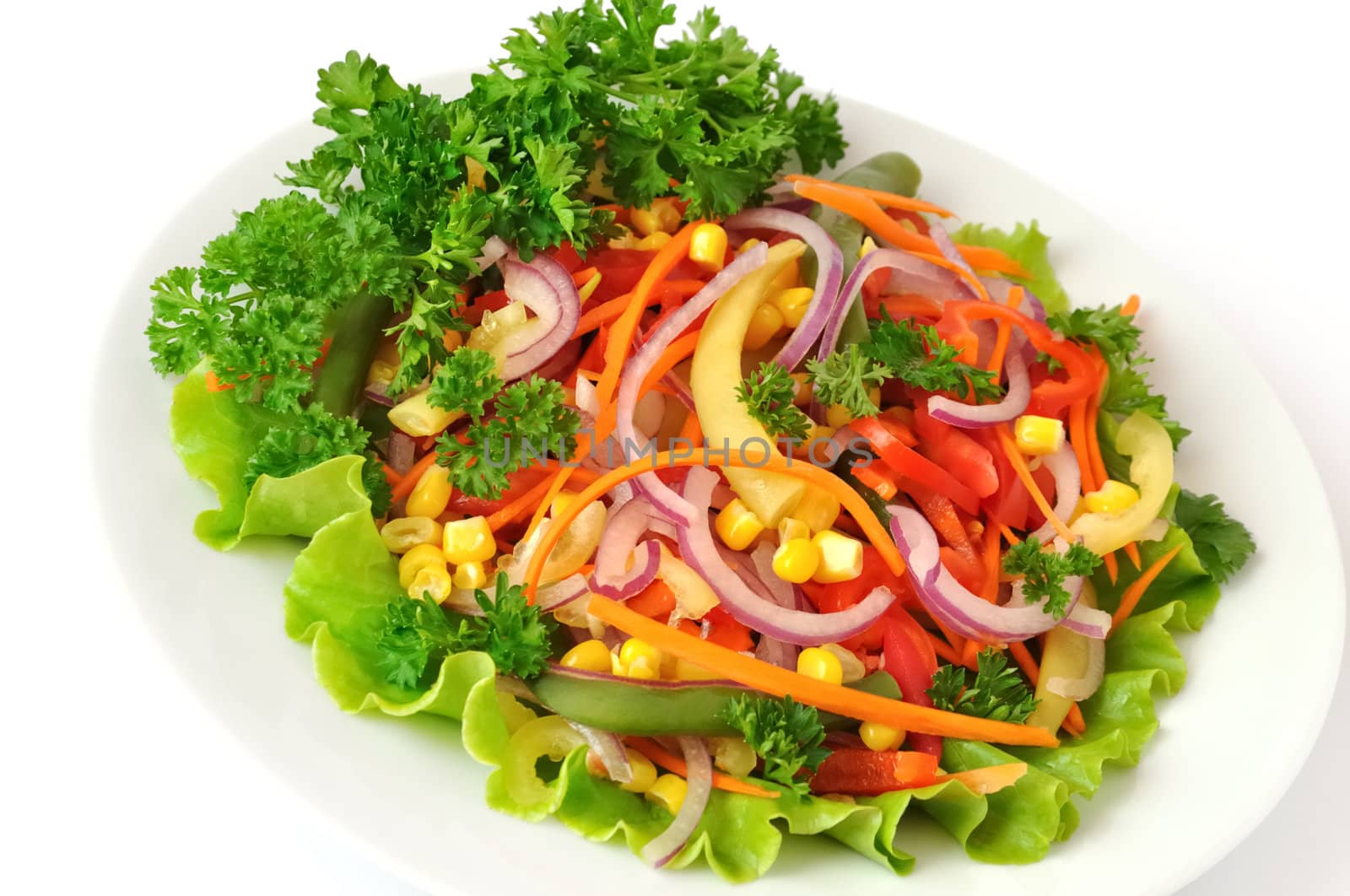 Salad of corn, peppers, carrots, tomatoes with "green beans"