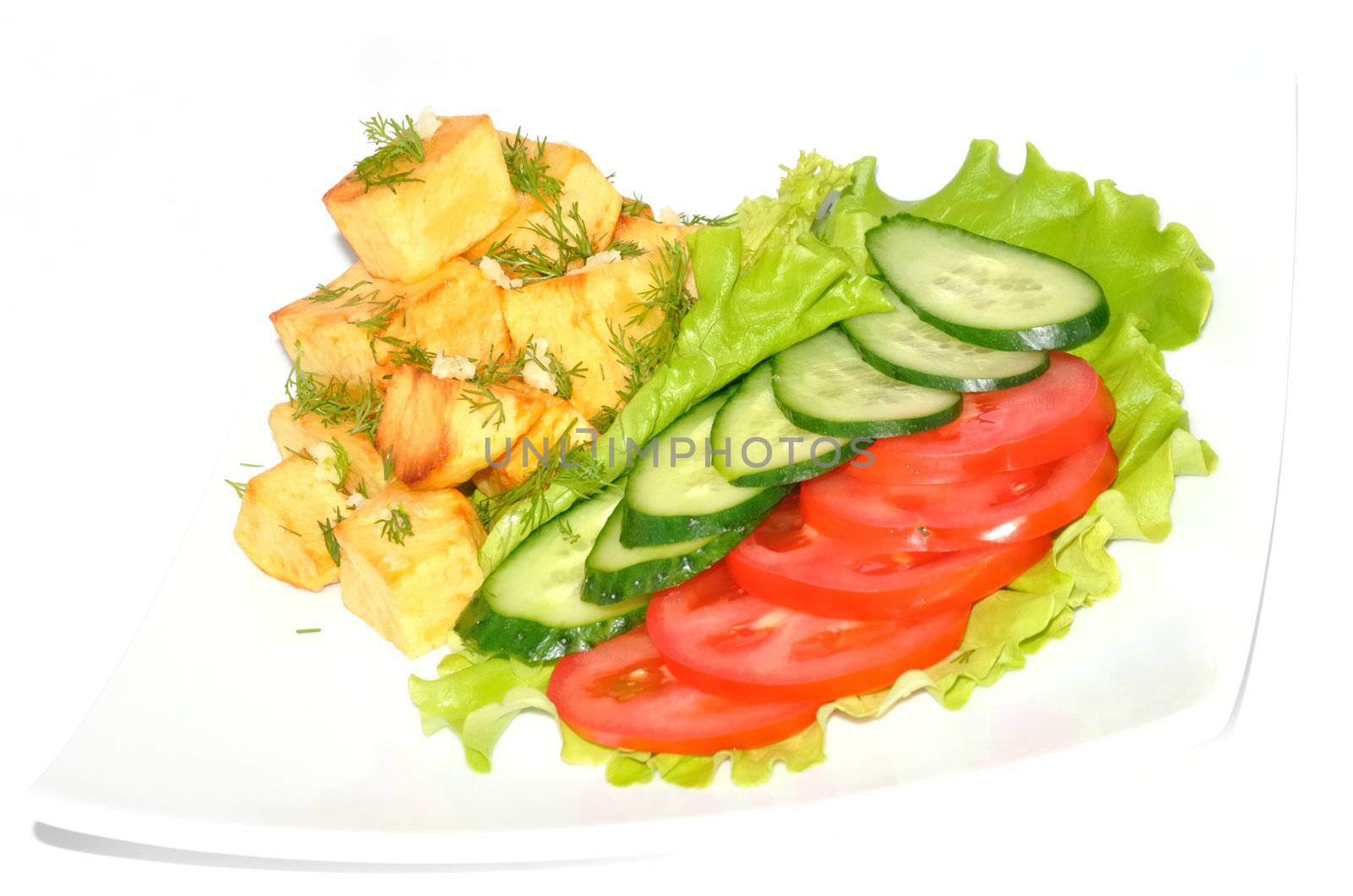  Potato country style with dill and garlic, fresh vegetables on white background