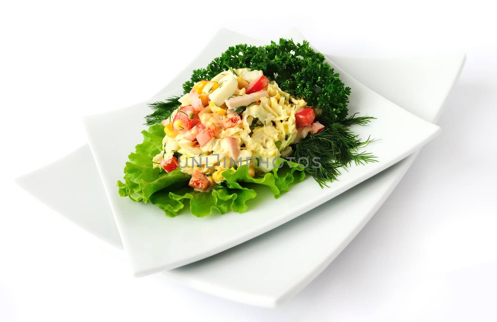 a salad of corn, Chinese cabbage, egg, ham, peppers and mayonnaise

