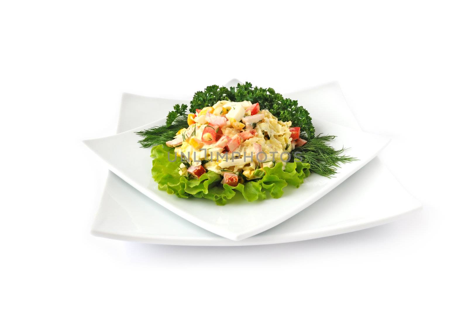 a salad of corn, Chinese cabbage, egg, ham, peppers and mayonnaise