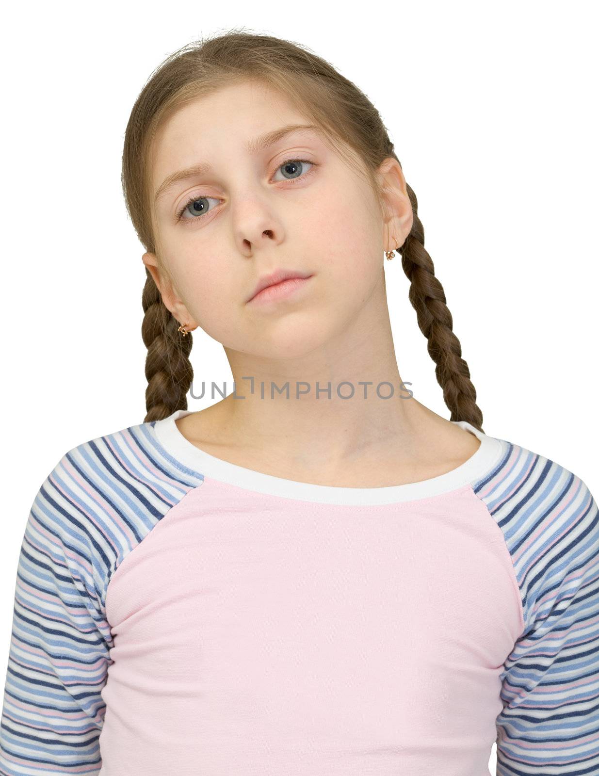 Sad teenager girl on the white background