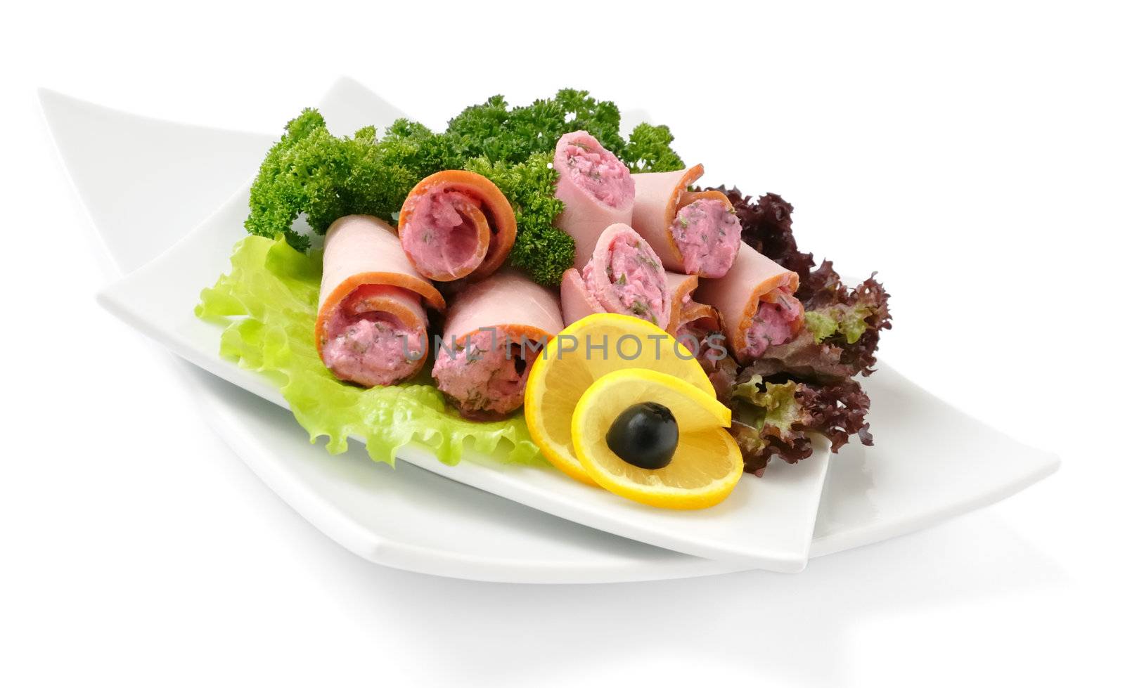 Ham roll with horseradish sauce with herbs and cheese isolated