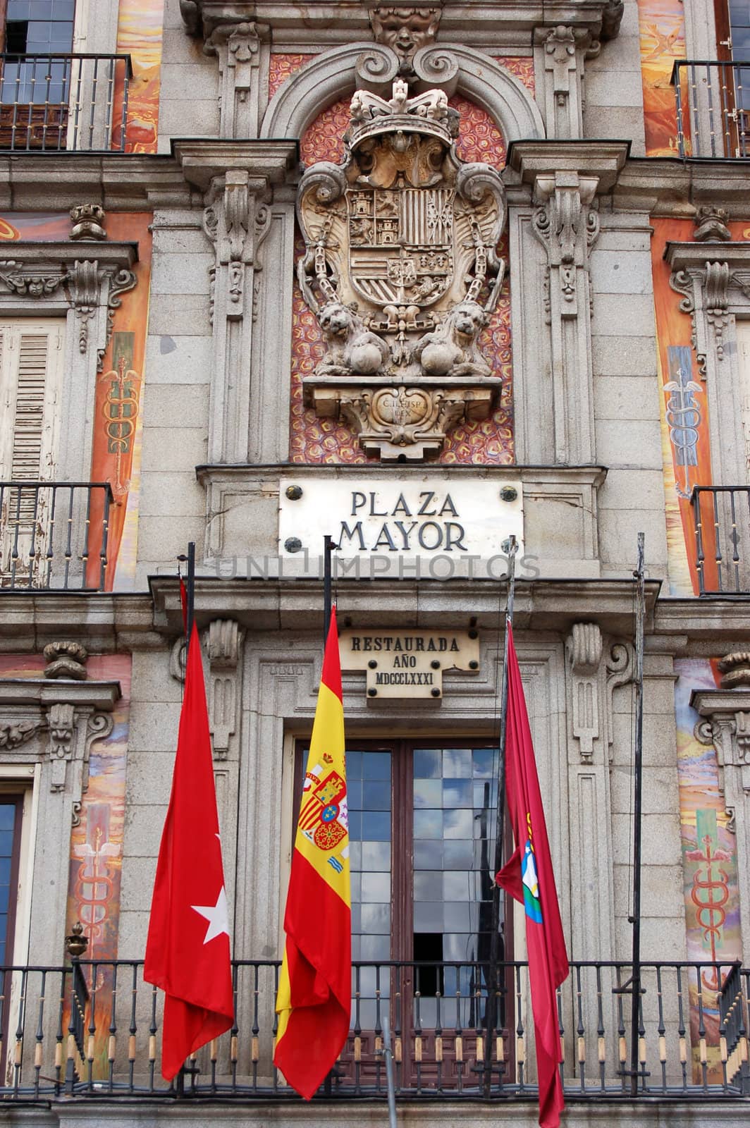 Flag and sign in Plaza Mayor. Madrid - Best of Spain