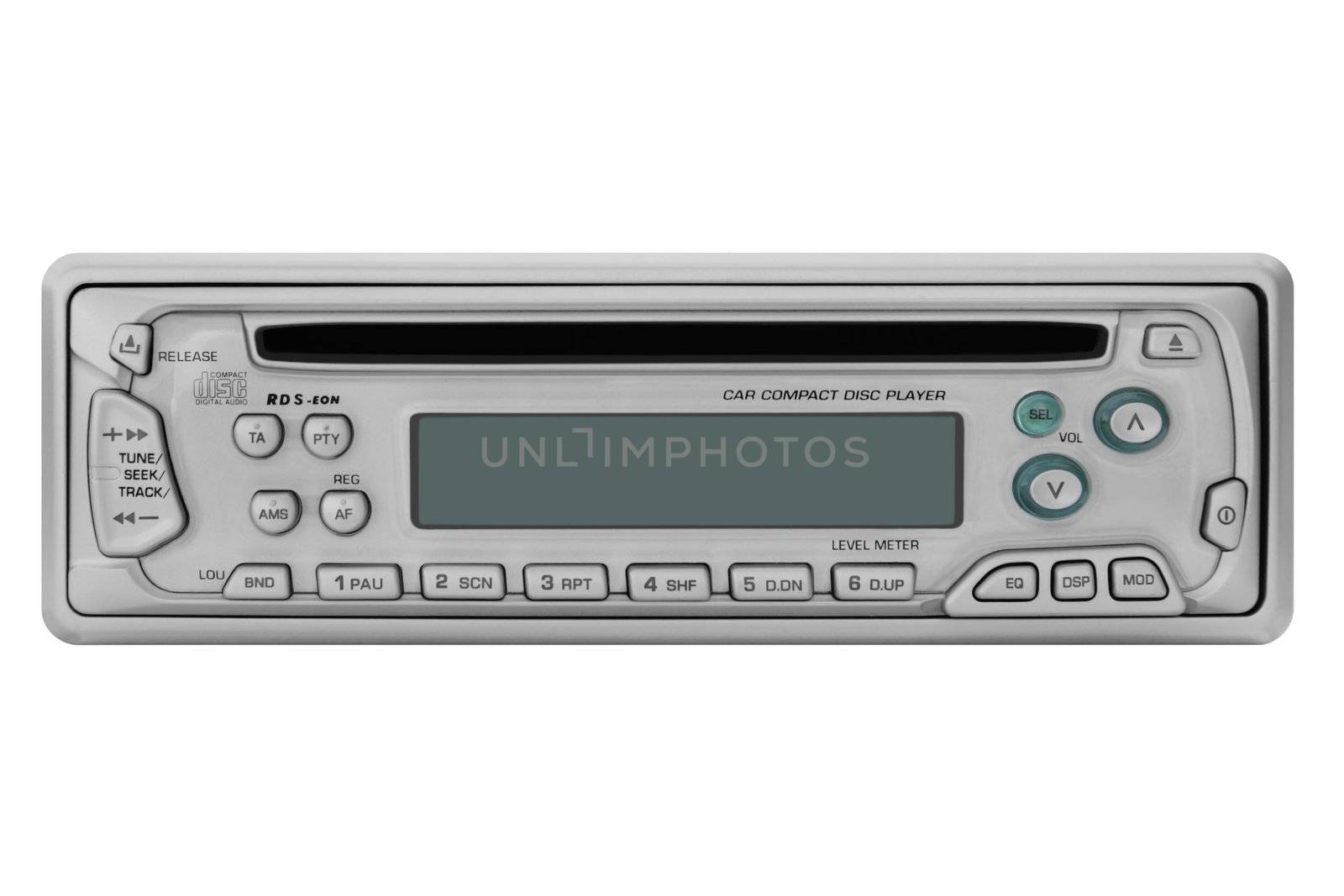 This image shows a front view from a car radio with disc player