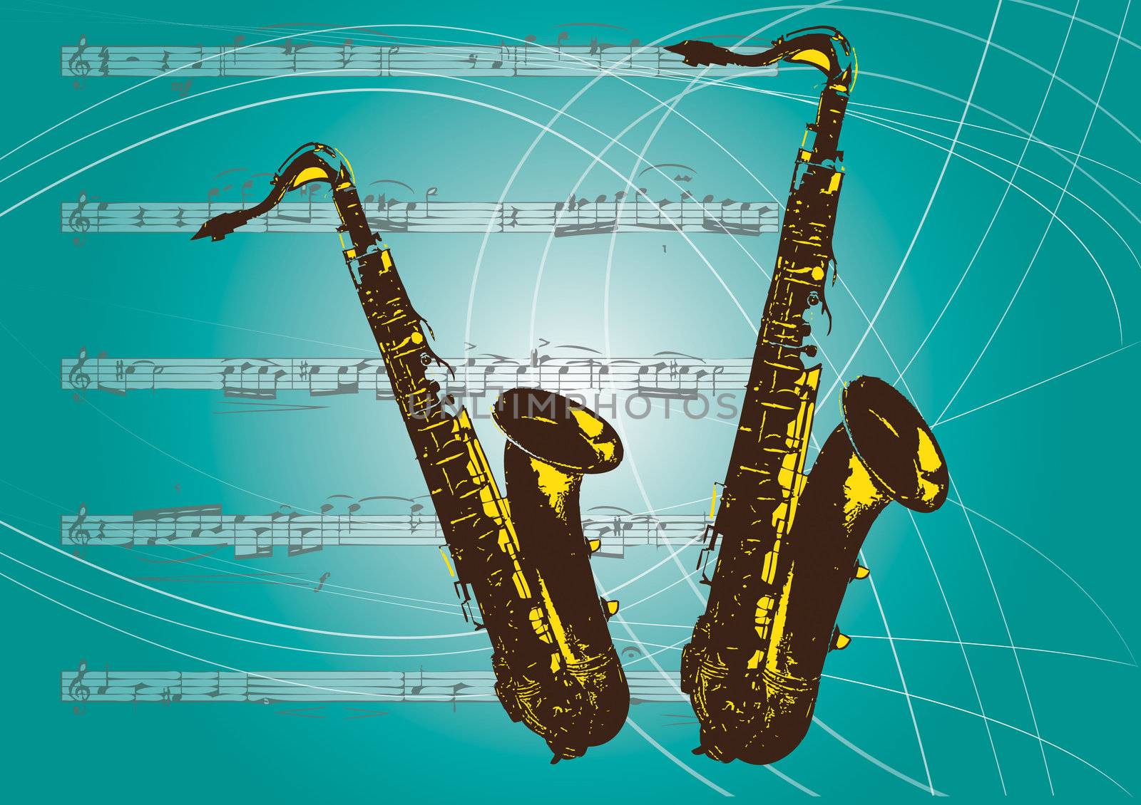 An illustration of a pair of saxaphones set on a landscape format background of thin lines and musical notations and musical notes.