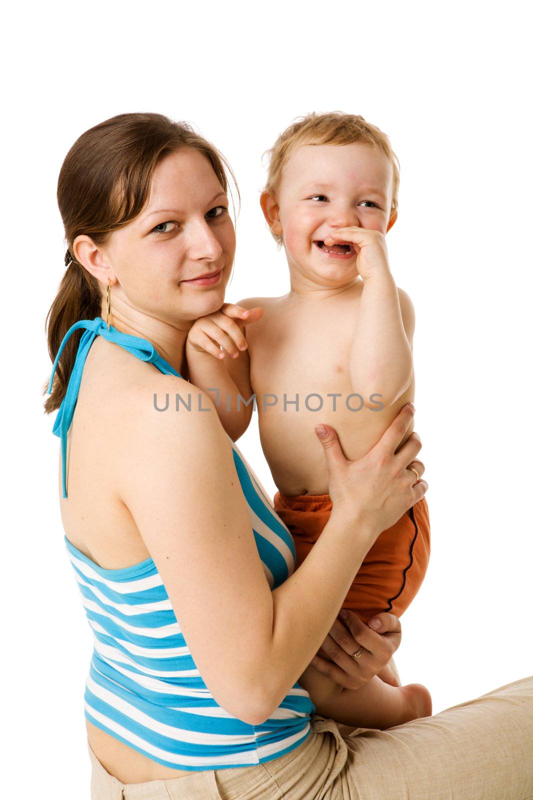 Mother with son sitting on floor isolated on white