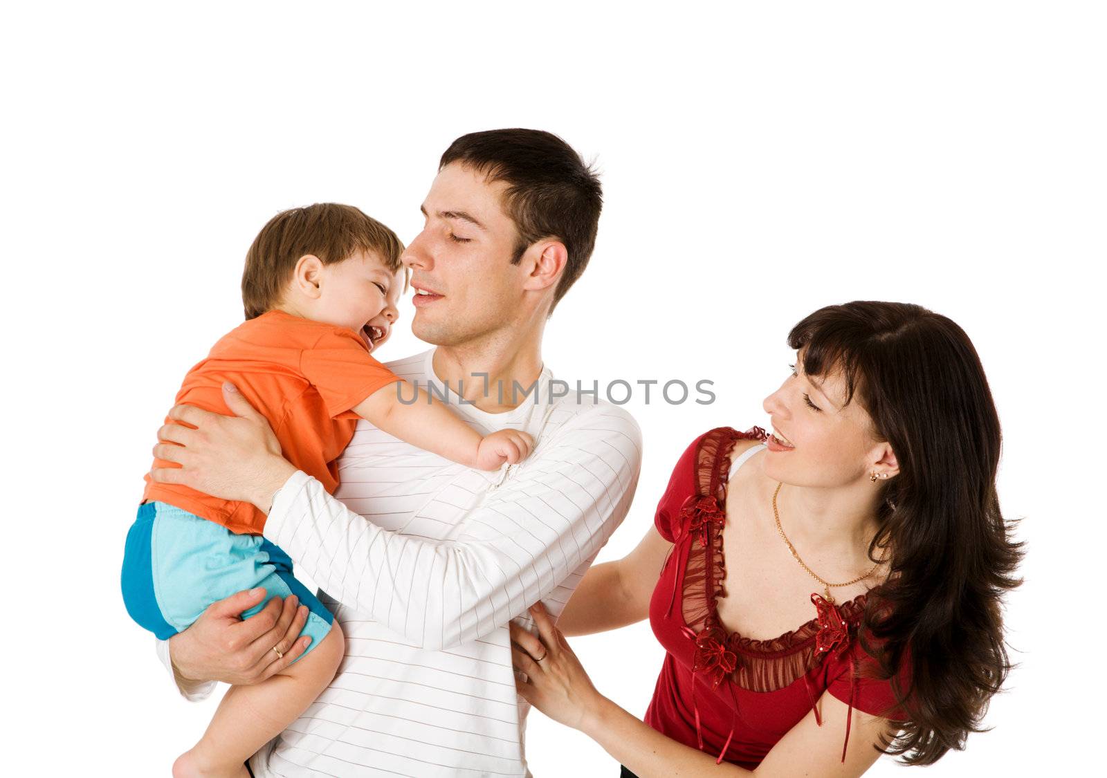 Happy Family playing with kid together isolated on white