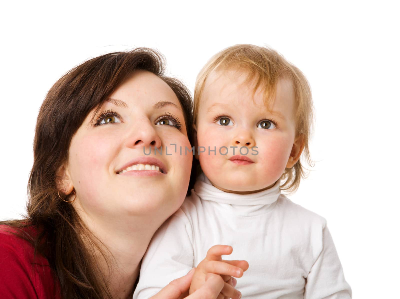 Mother with one year daughter together isolated on white