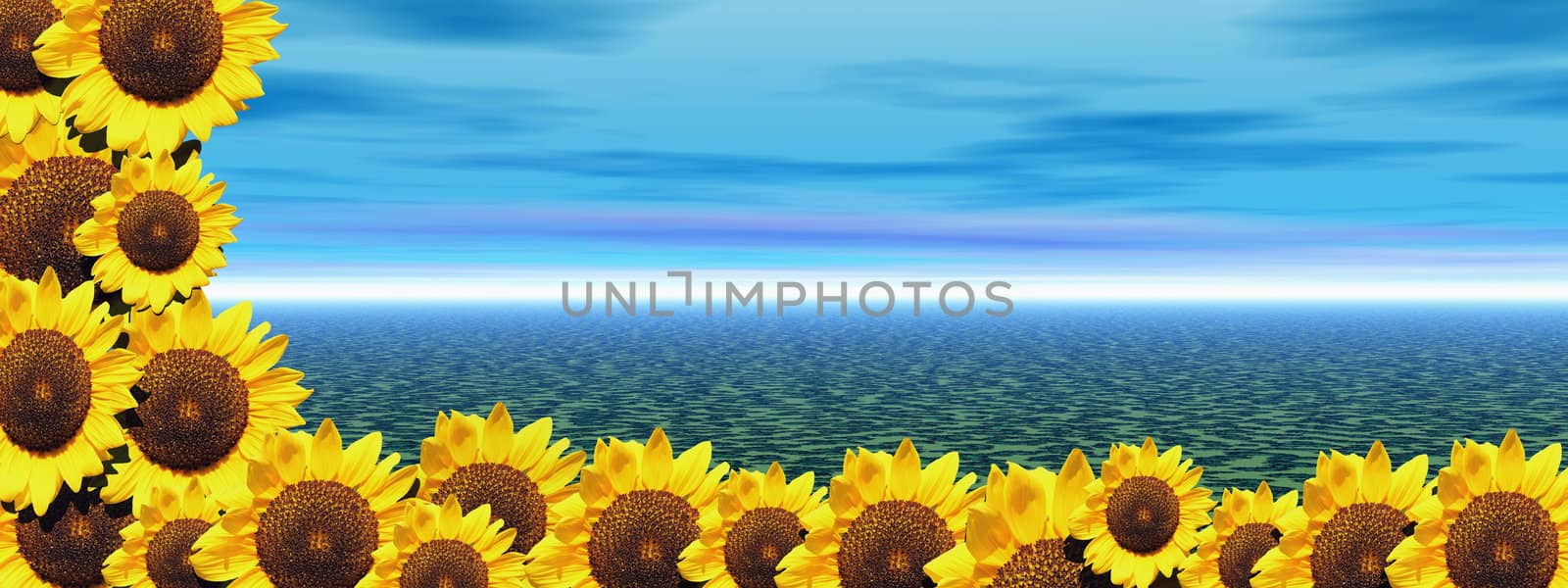 Background of blue sky and ocean with lots of sunflowers on the left side