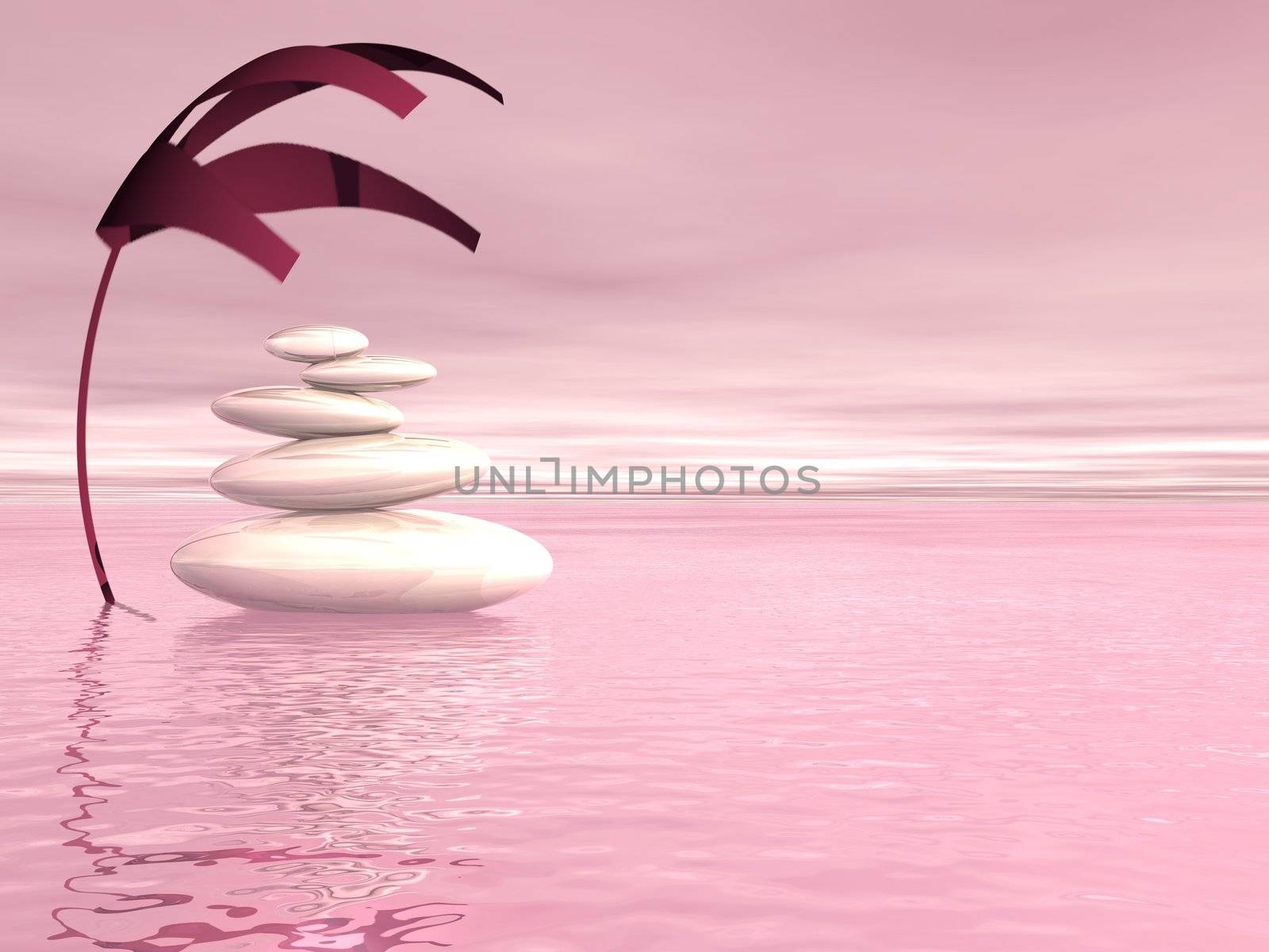 Balanced white stones upon the ocean and under a covering plant in a violet background