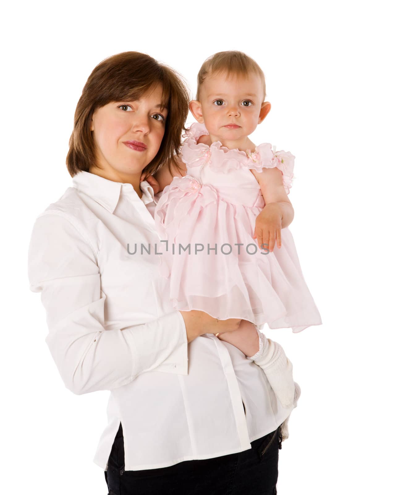 Mother with daughter posing together isolated on white