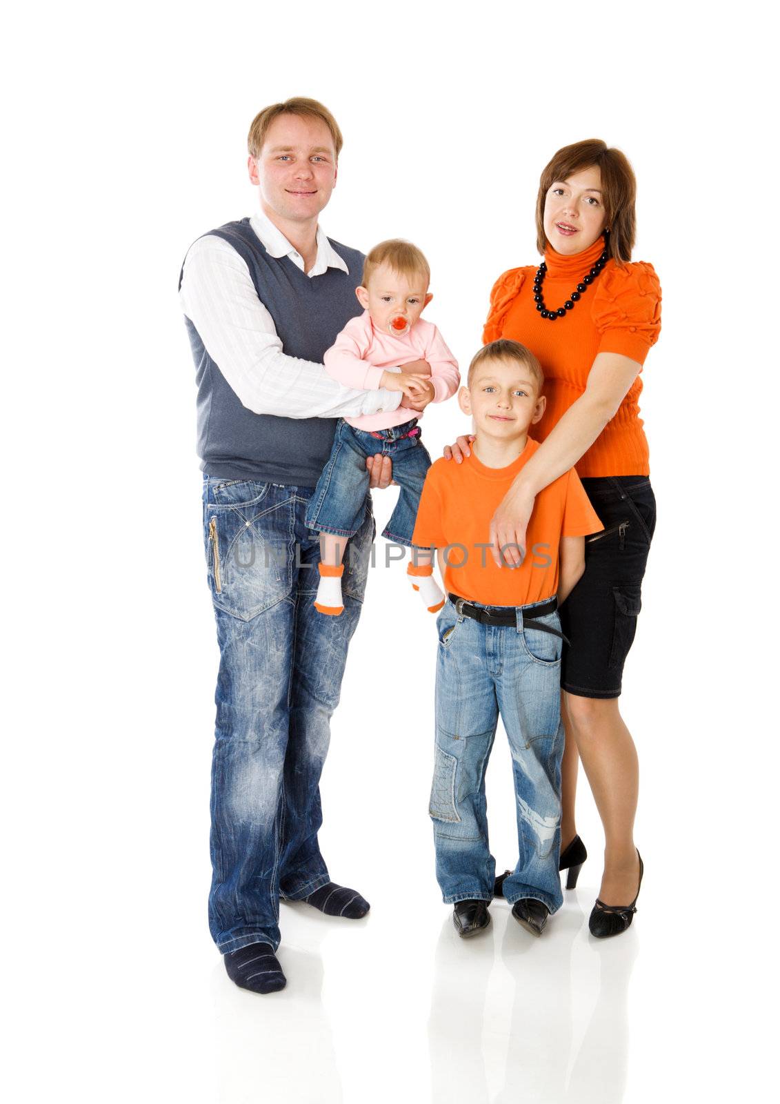 Happy Family with two kids together isolated on white