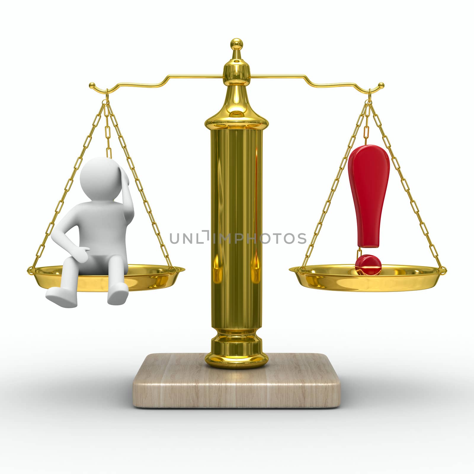 man and exclamation point on scales. Isolated 3D image