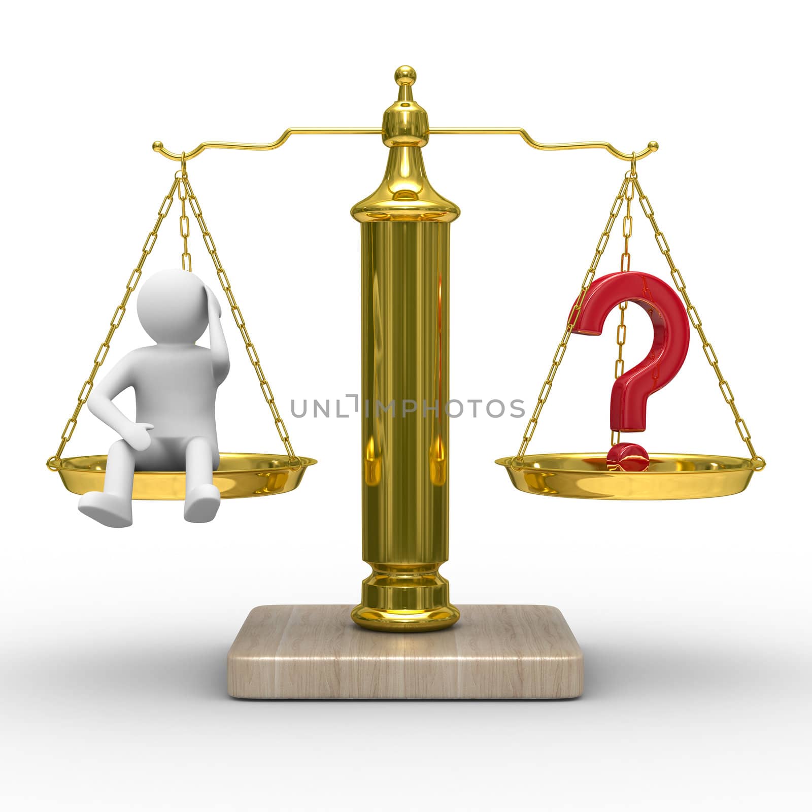 man and question on scales. Isolated 3D image