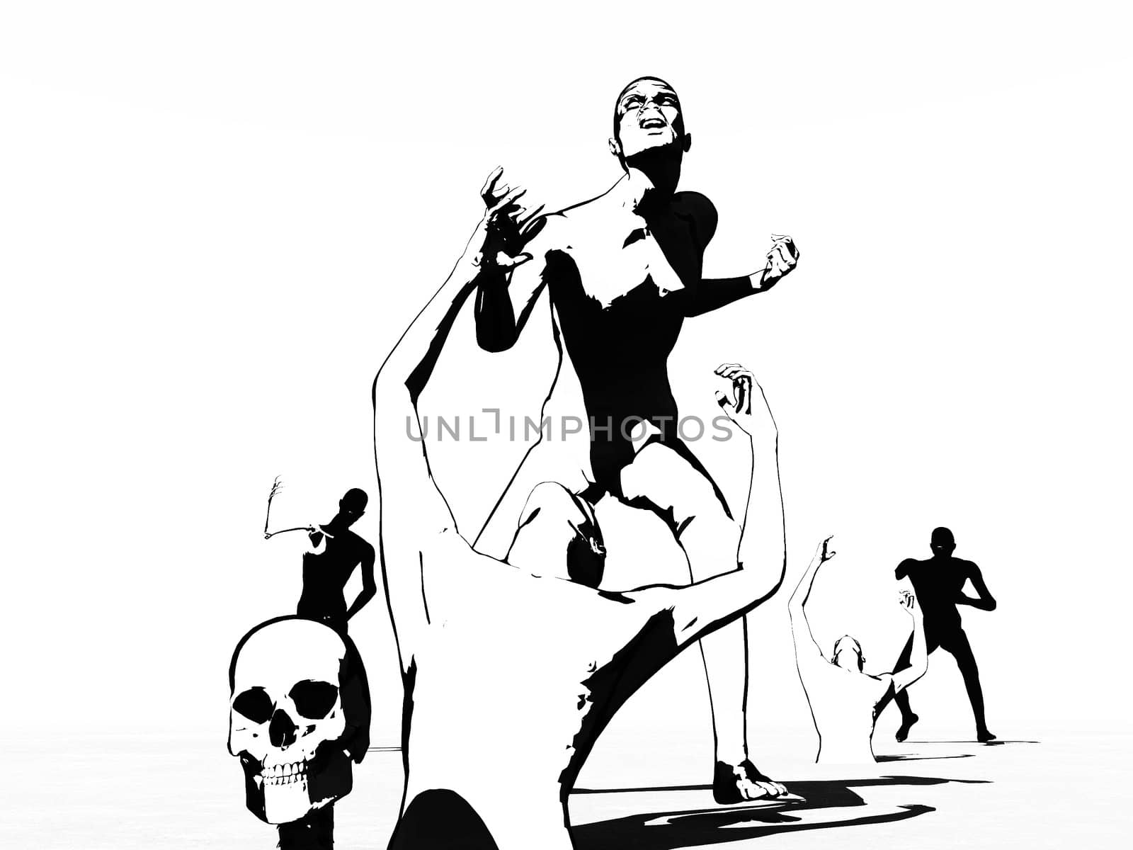 Black and whites cartoon zombies coming out of the ground.