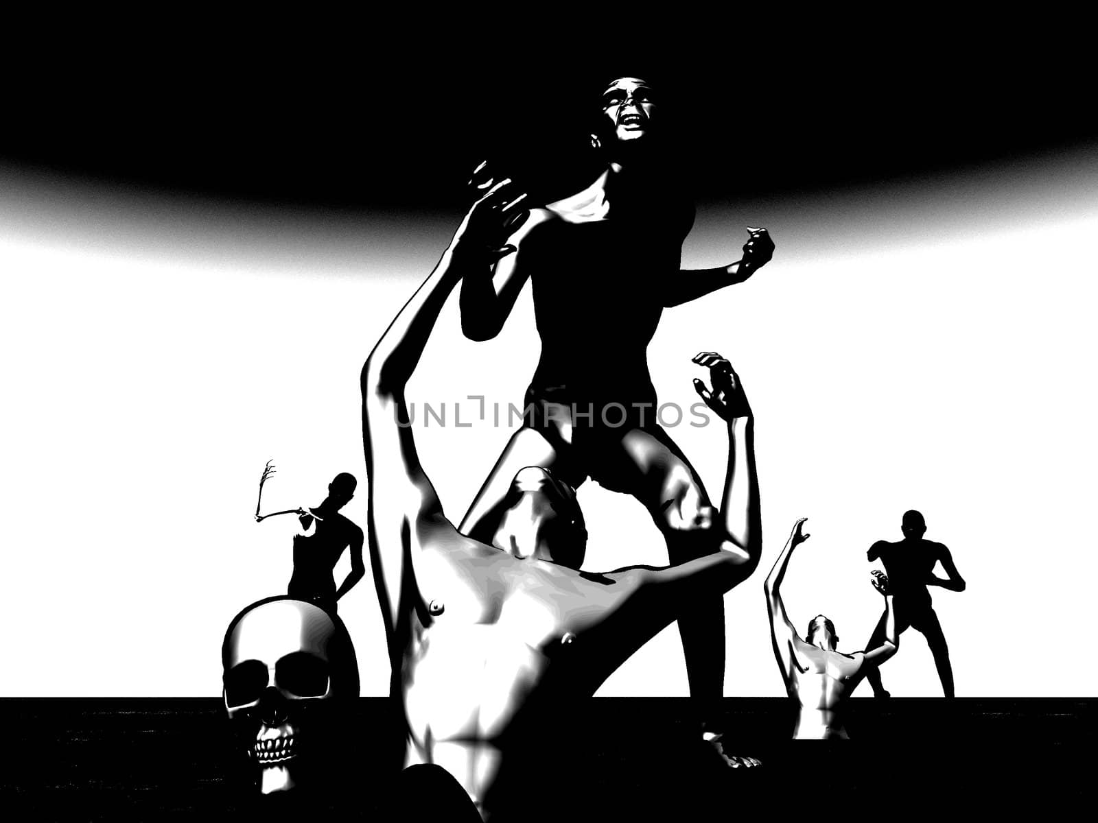 Black and whites cartoon zombies coming out of the ground.