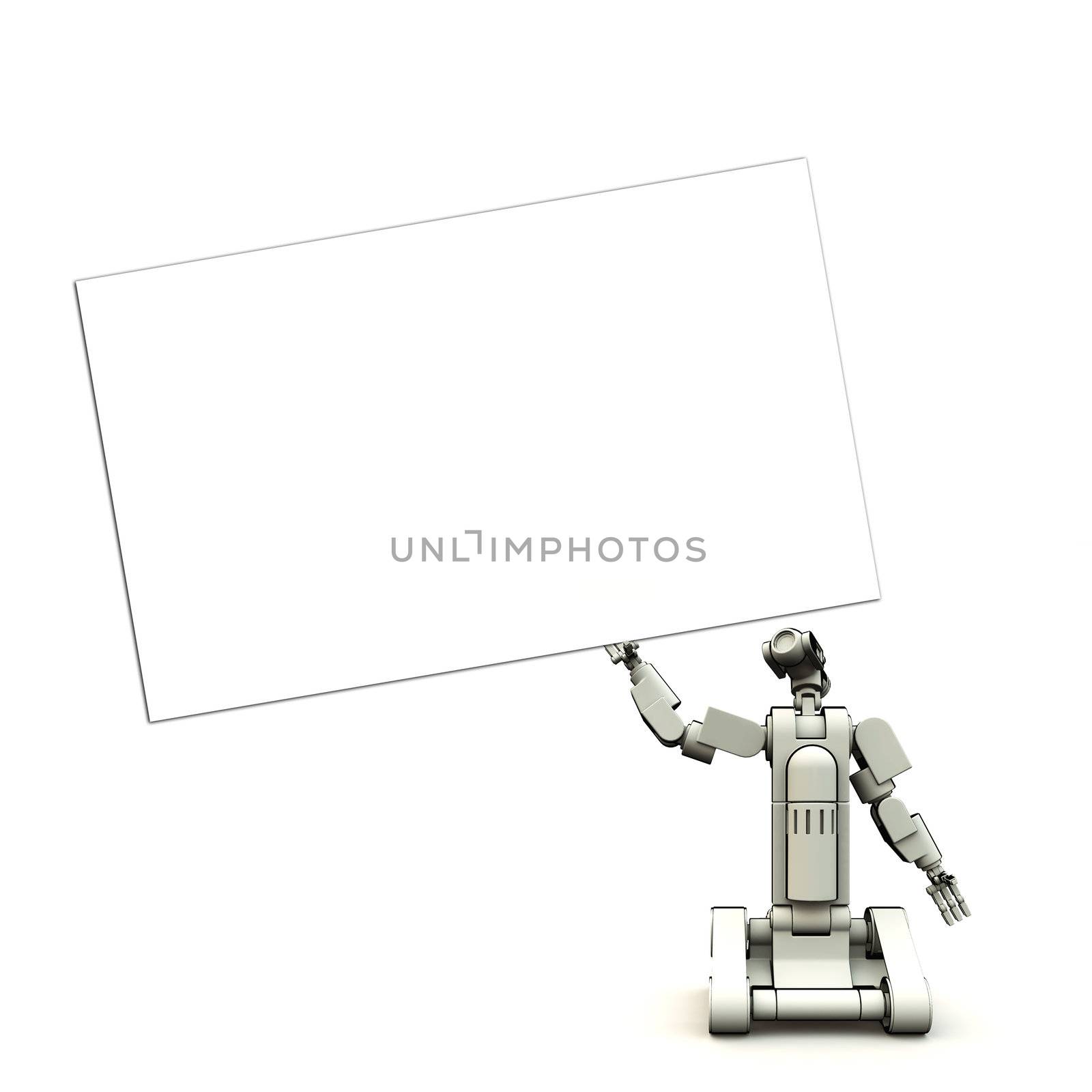 
A futuristic droid holding a customisable blank sign.