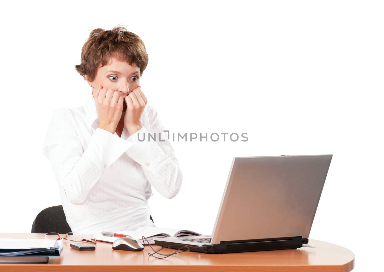 Beautiful  businesswoman working with laptop isolated on white background