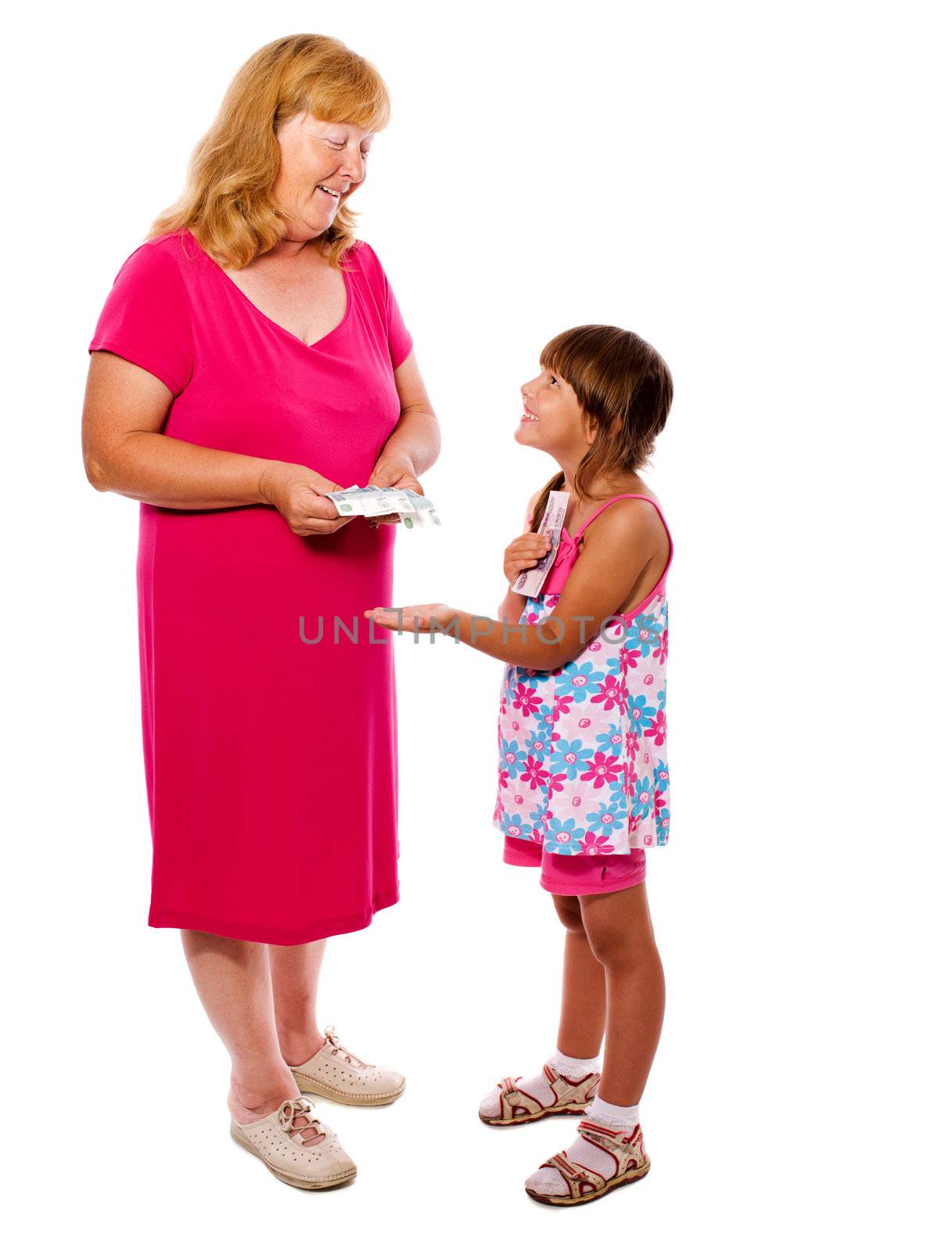 Grandmother giving money to child isolated on white