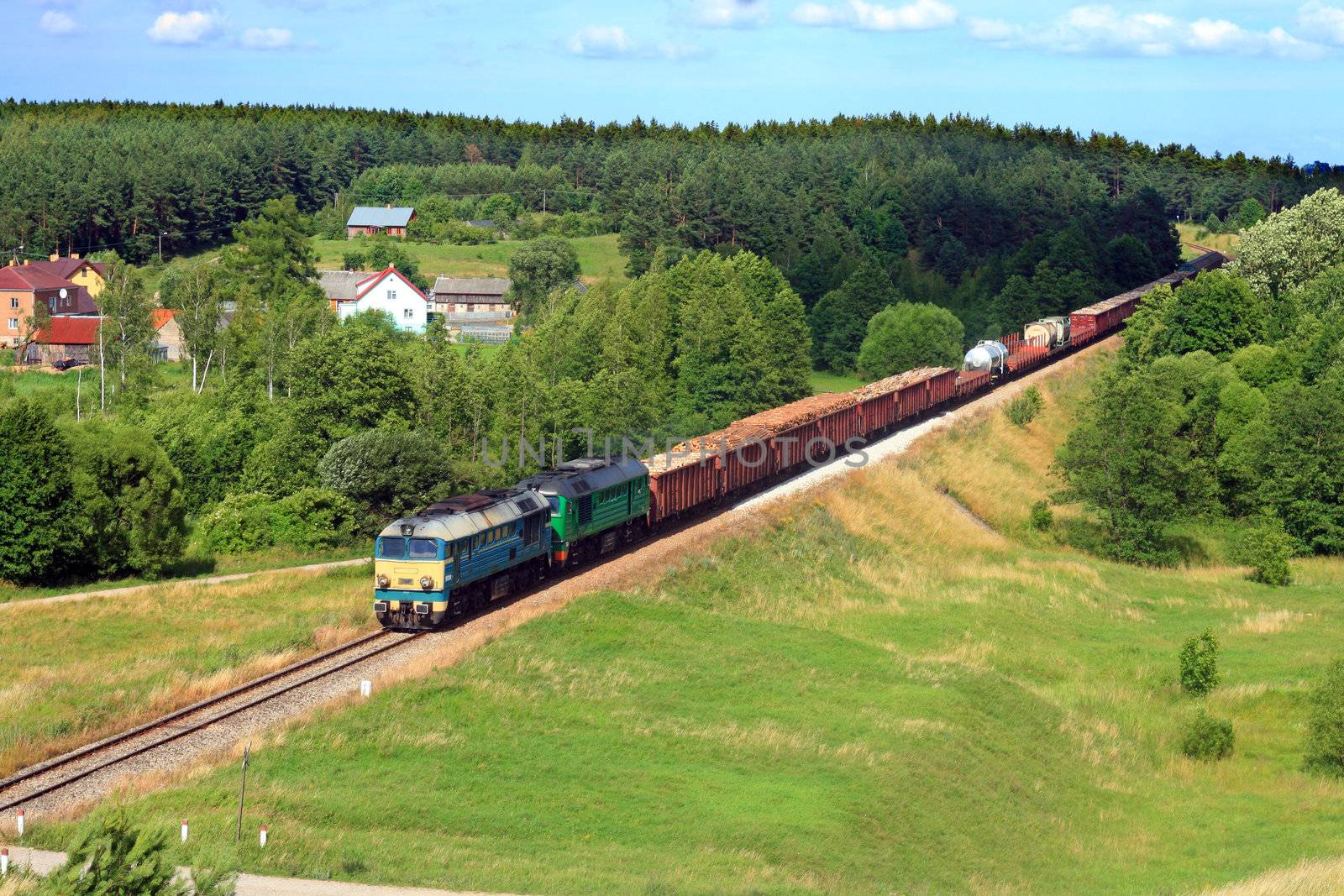 Rural summer landscape with freight train hauled by two diesel locomotives running through the countryside