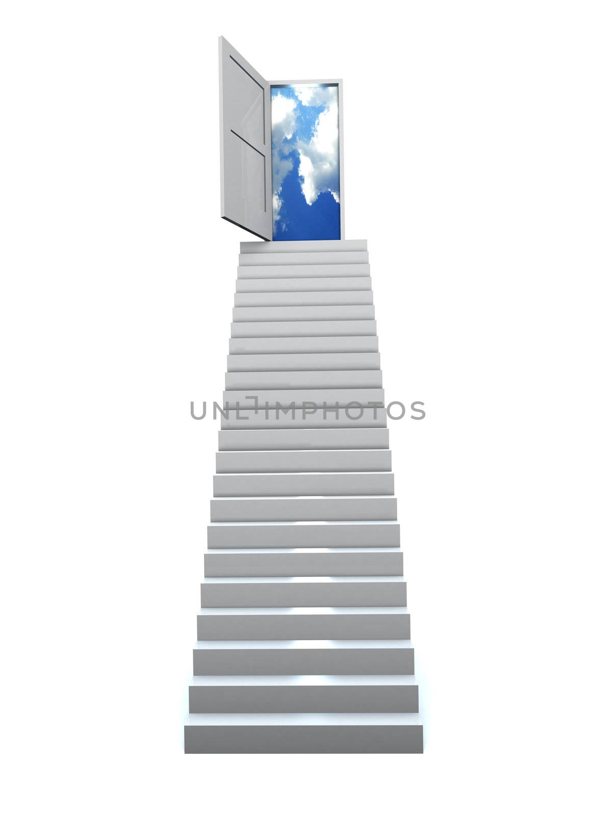 Staircase with open door to a semi cloudy blue sky. 3D illustration