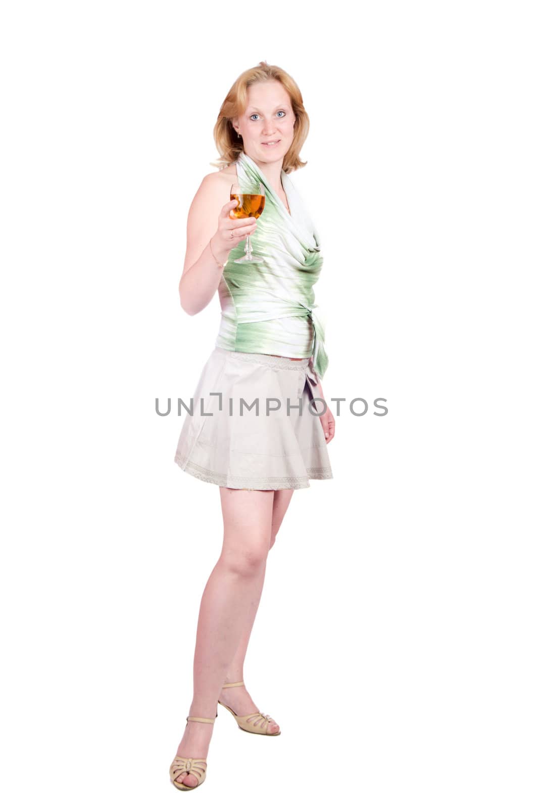 Young woman offering drink isolated on white