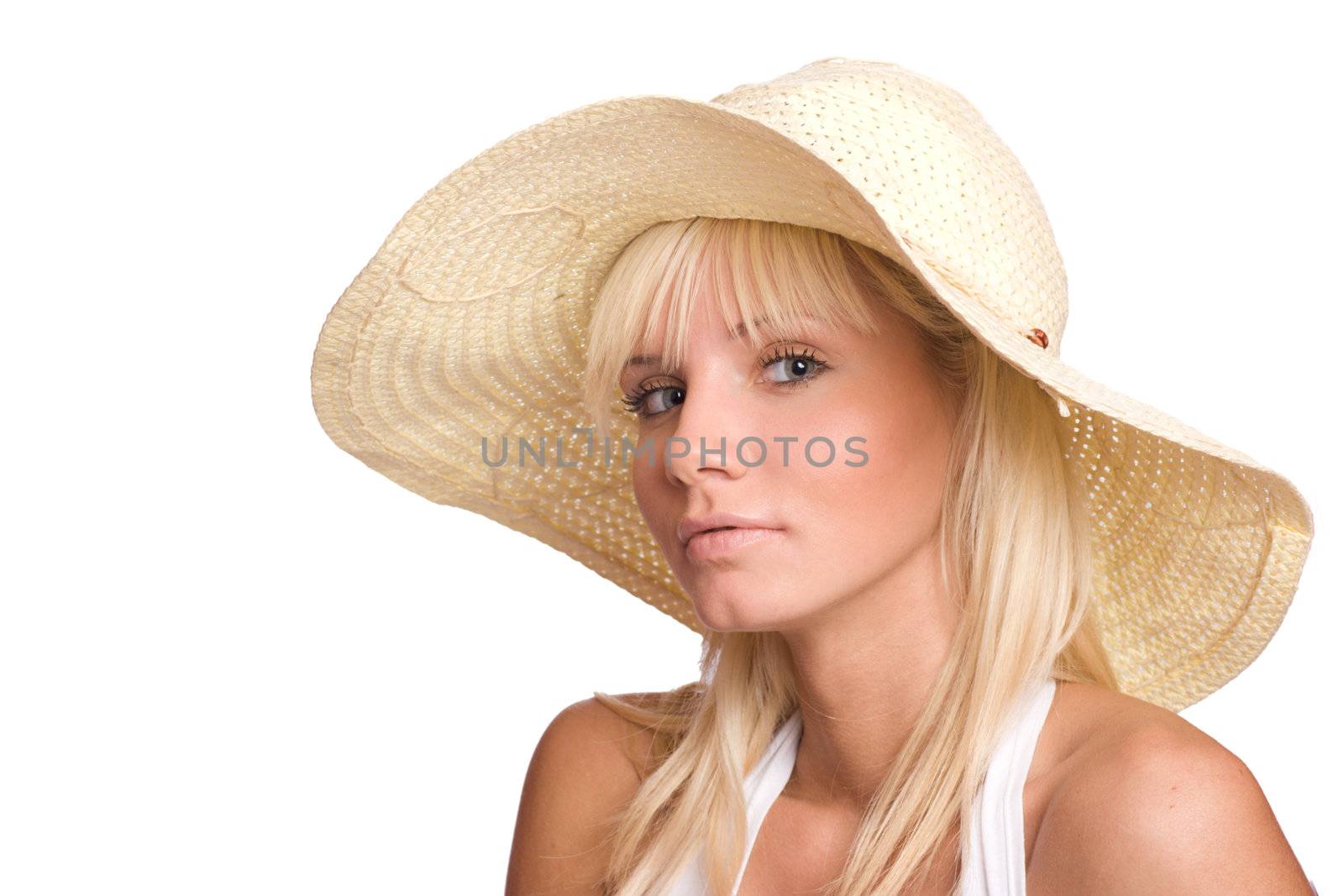 Young blonde Woman wearing straw hat isolated on white