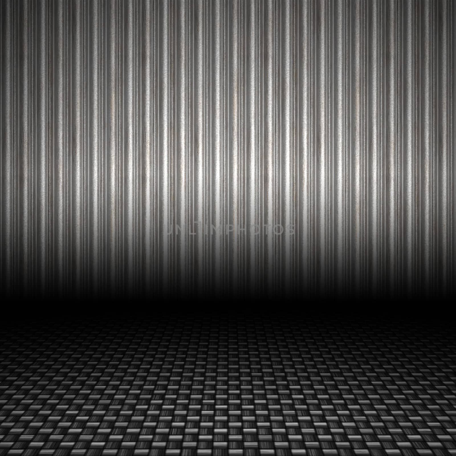 A realistic corrugated metal textured backdrop with 3D perspective and a carbon fiber floor.