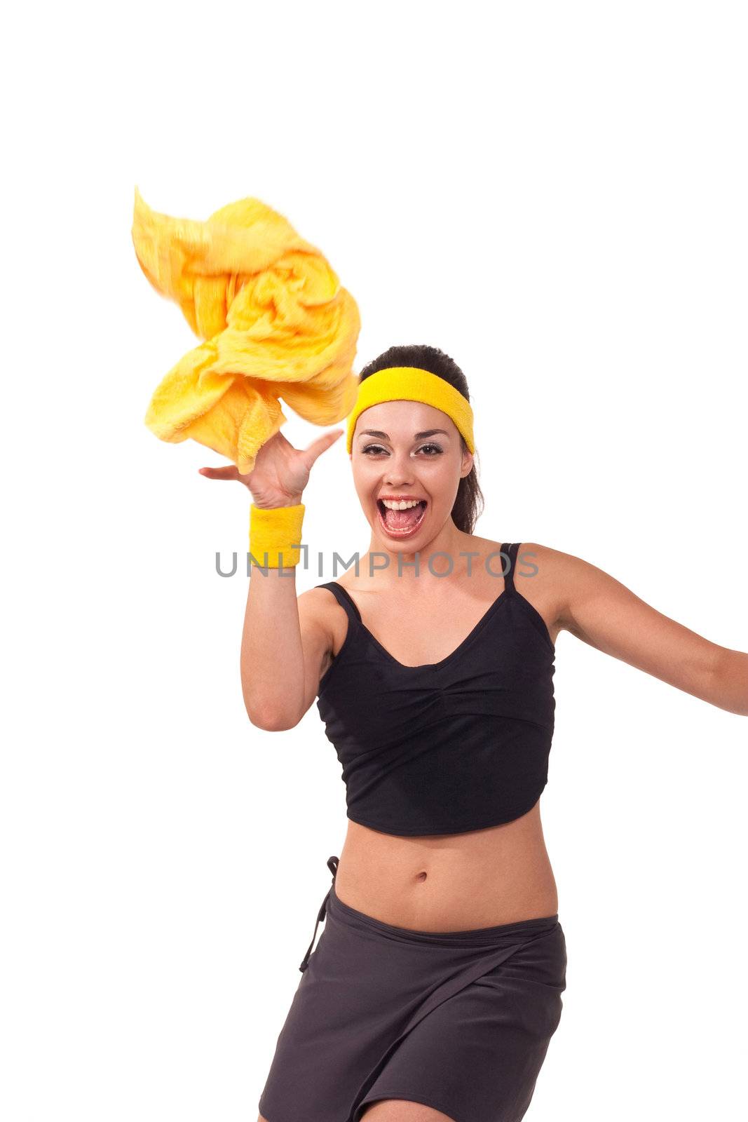 Photo of a young girl that try to catch a towel