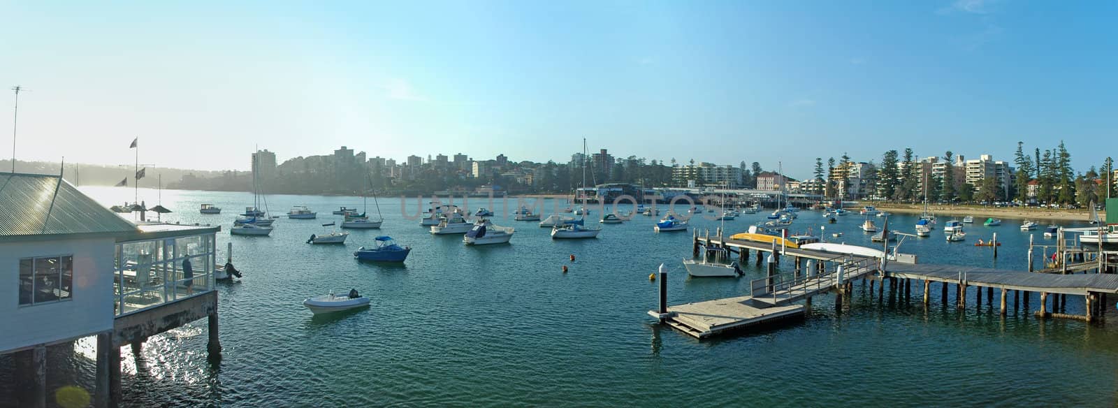 ships docking at Manly Harbour panorama photo, Sydney, Australia. Nice sunny day.