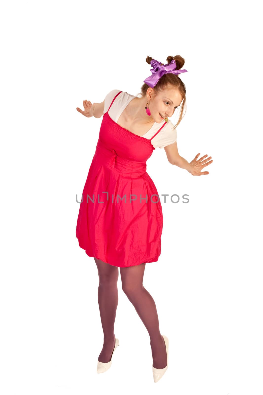 people series:  young funny girl in crimson dress