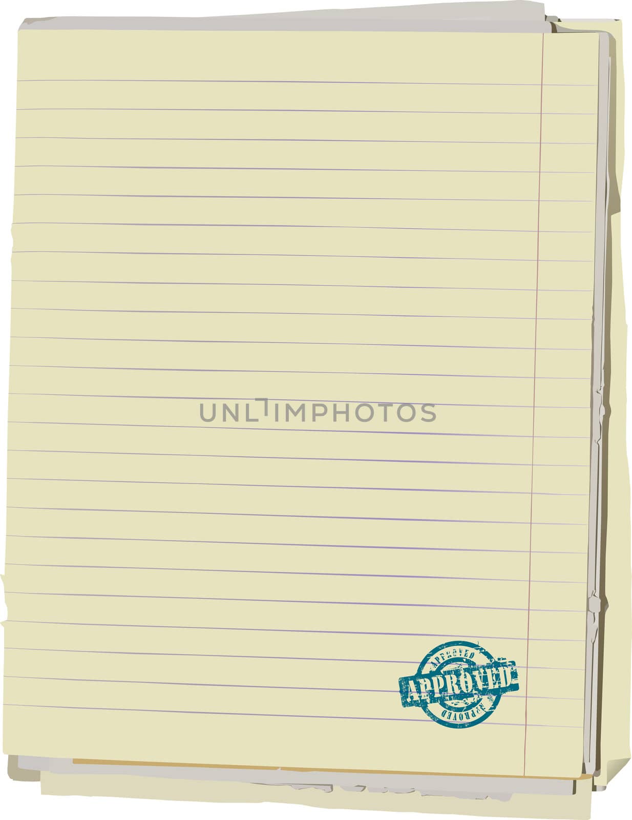 Stack of old lined papers from note book and rubber stamp. Clipping path included to easy remove object shadow or replace background.
