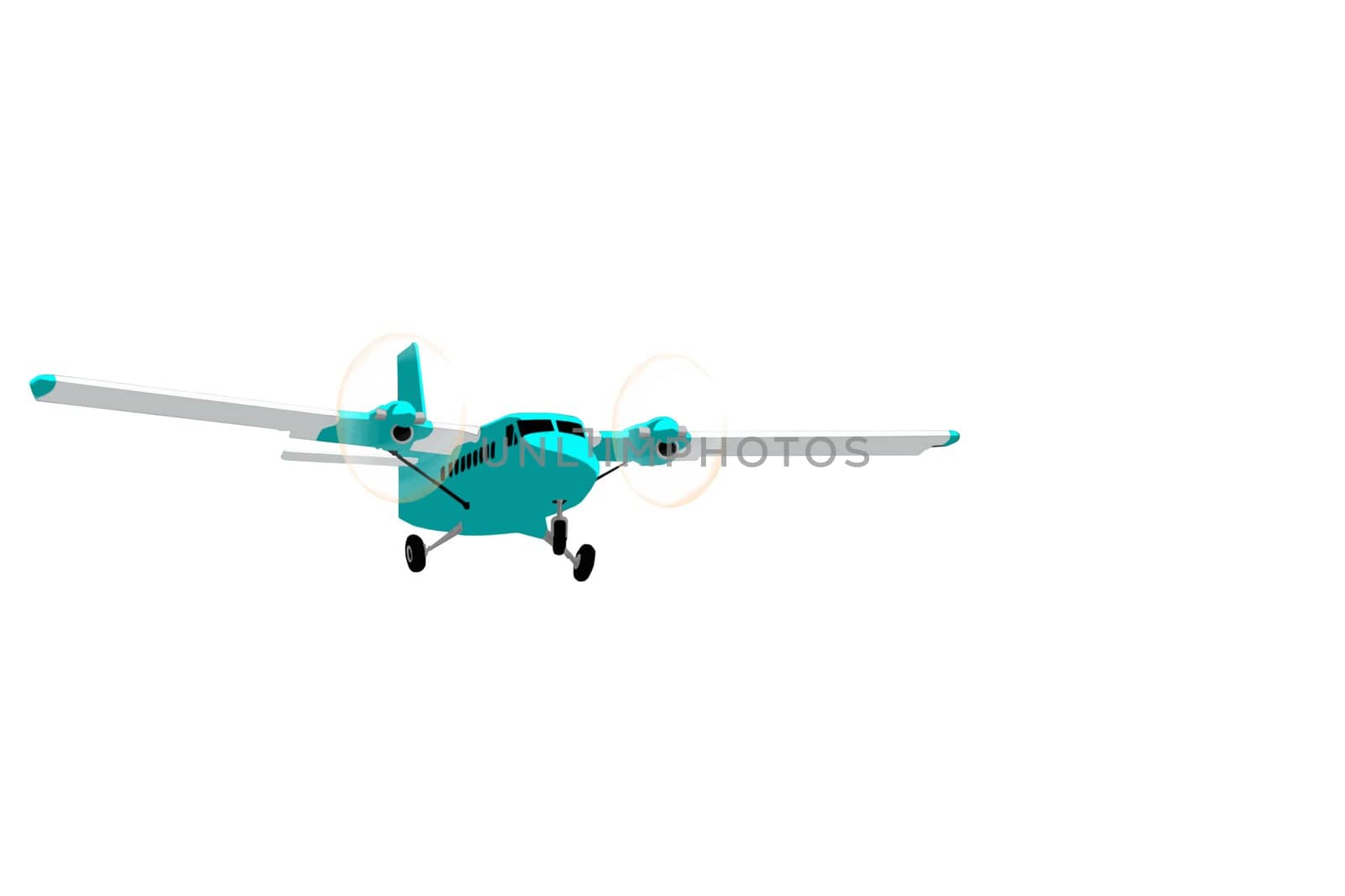 This is a medium sized twin engine propeller airplane landing on a grass landing strip. isolated on white.