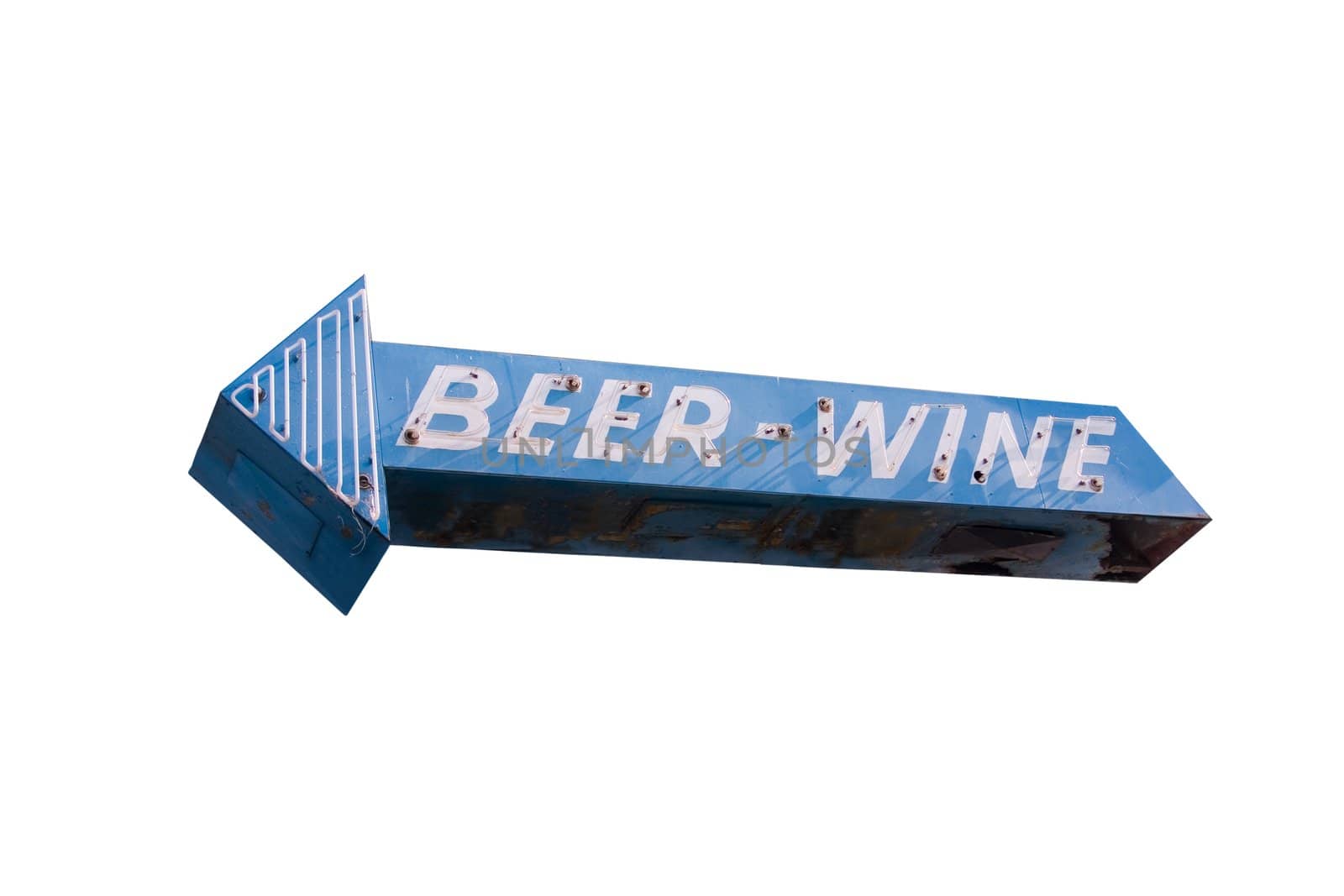 This is a blue and white, retro, steel and neon arrow shaped sign with the words beer and wine isolated on a white background.