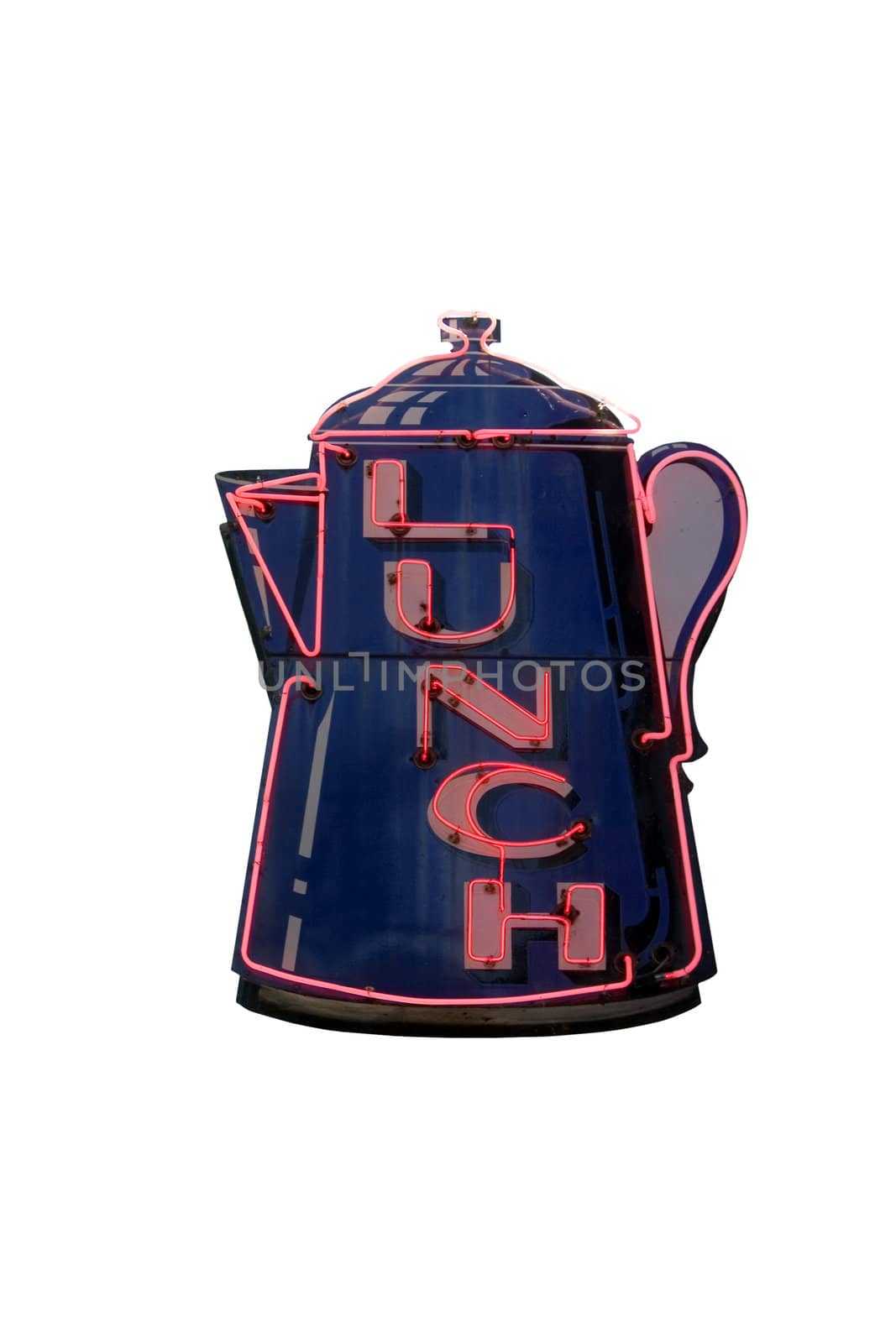 This is a blue coffee pot shaped sign with red neon writing and outlline and the word lunch.