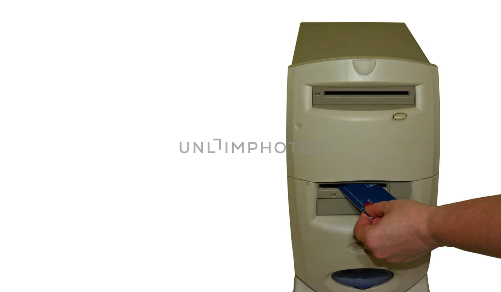 This is a picture of a woman putting a credit card into the floppy drive of a computer. Isolated on white, room on left side for writing.