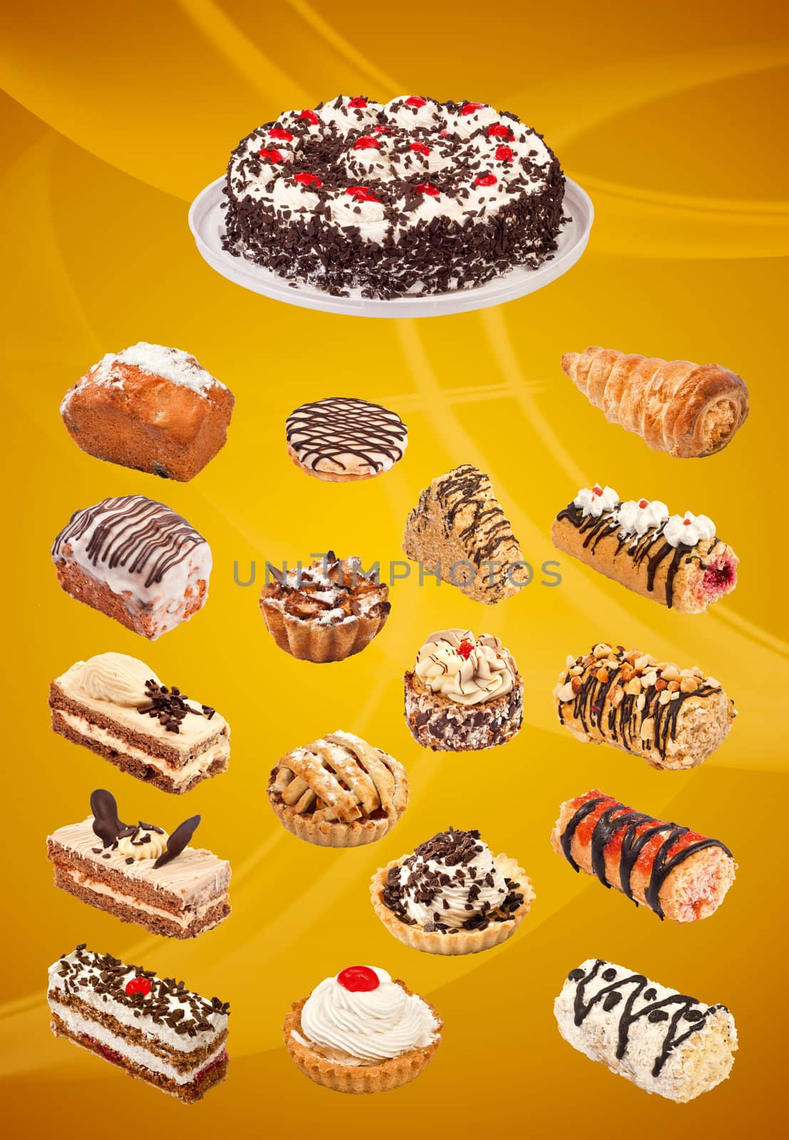 Collage of cakes. File includes detailed clipping path of all cakes for easy background removing