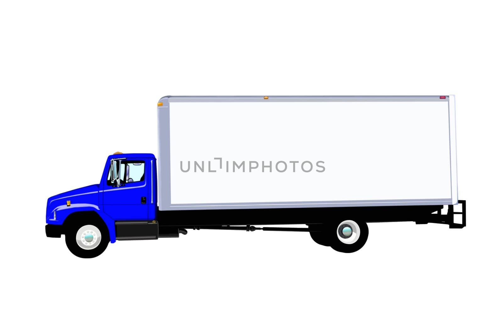 This is a picture of a typical six wheel city delivery cargo vehicle with a blank white van box. isolated on white.