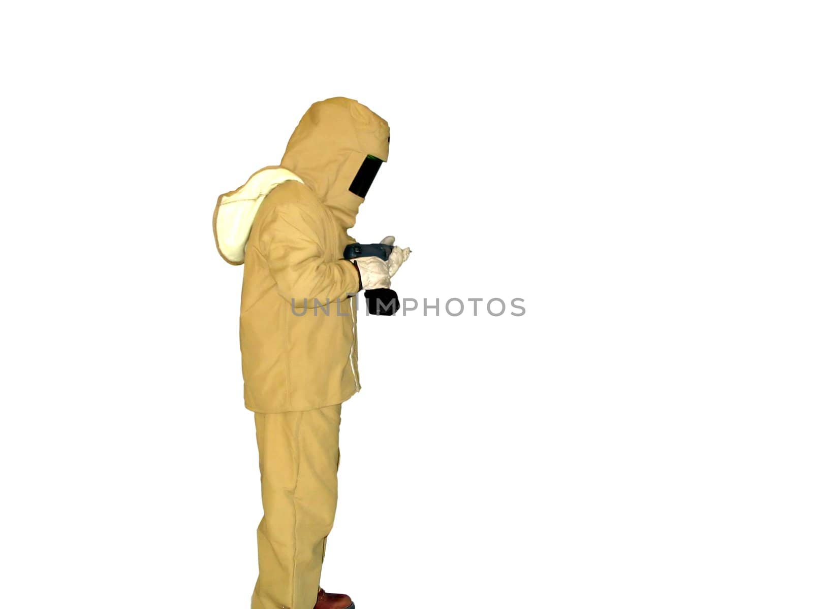 This is a picture of an electrical worker in a fire retardant flash suit used for working on high voltage equipment isolated in white
