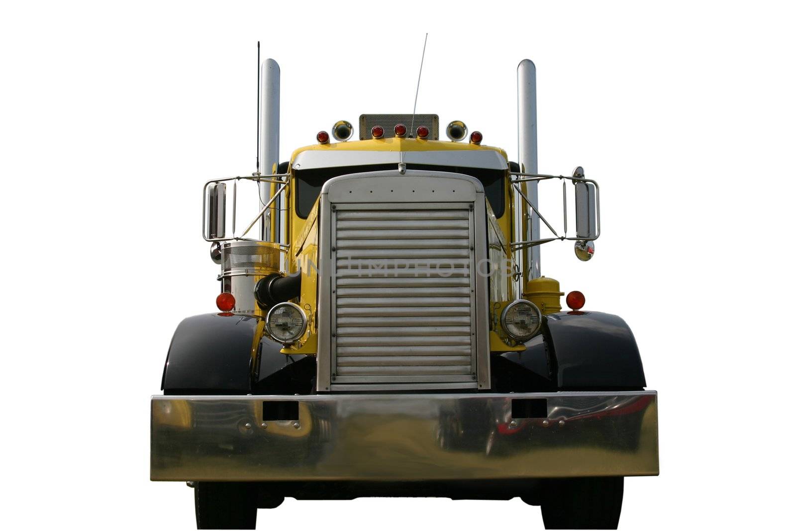 This is a picture of the front of a large black and yellow 1950s, 18 wheeler semi truck isolated on a white background.