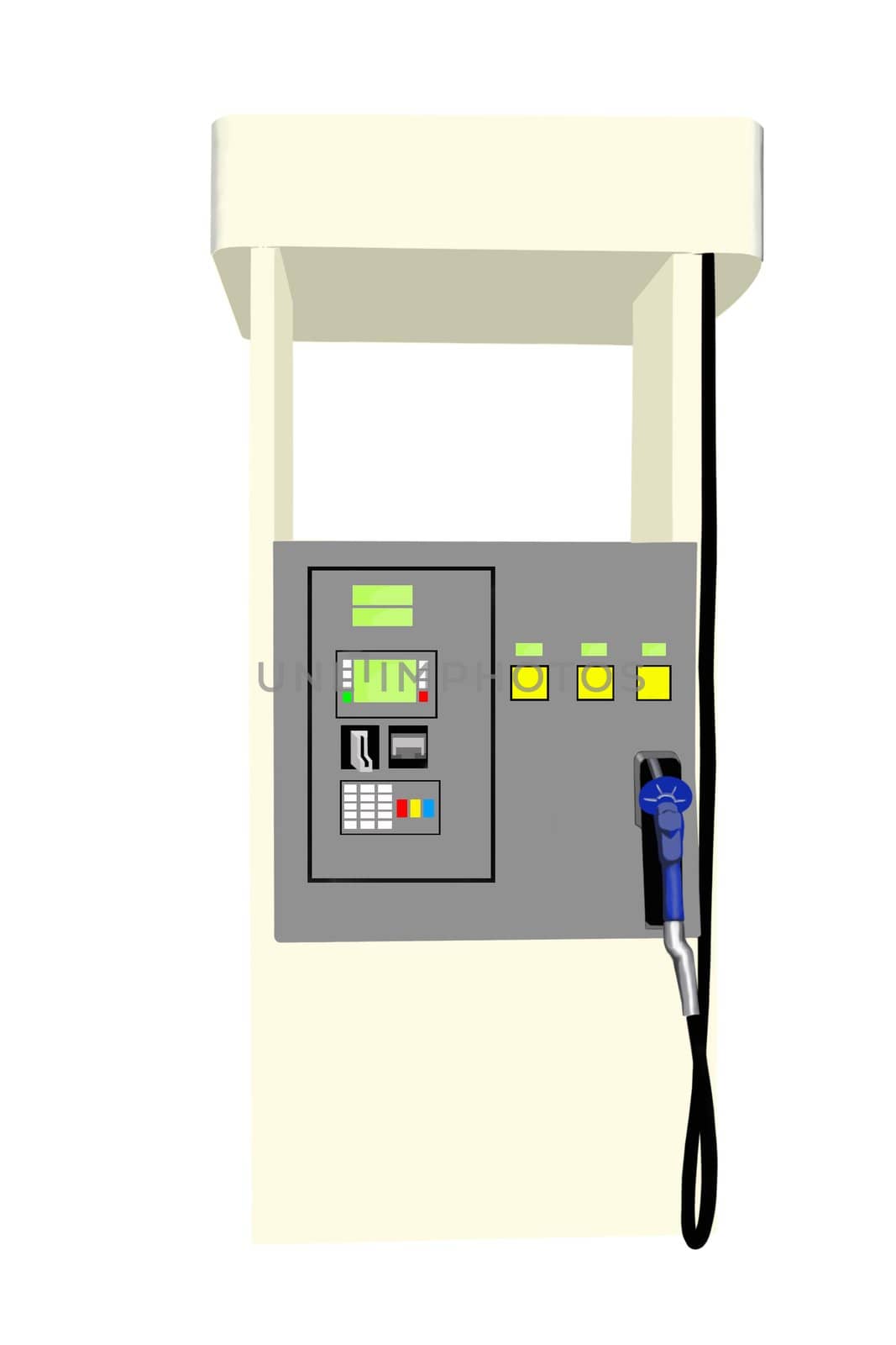 This is a picture of an electronic fuel pump with three choices of gas and credit card payment option isolated on a white back ground.