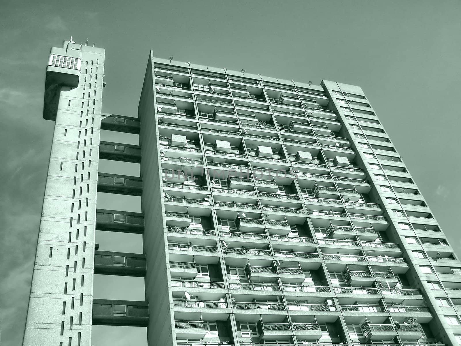 Trellick Tower iconic sixties new brutalist architecture - high dynamic range HDR - black and white