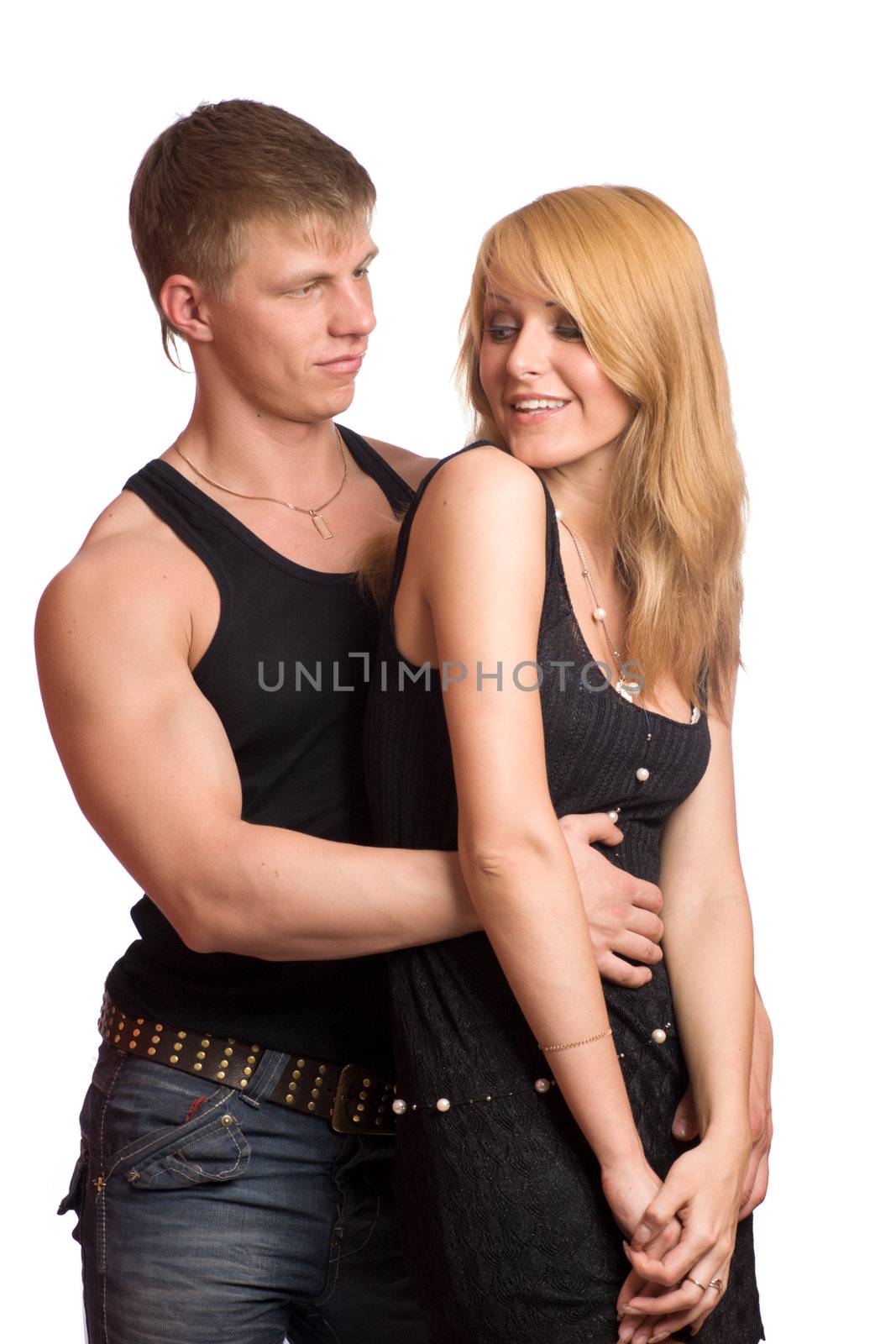 Young blond beautiful couple isolated on white