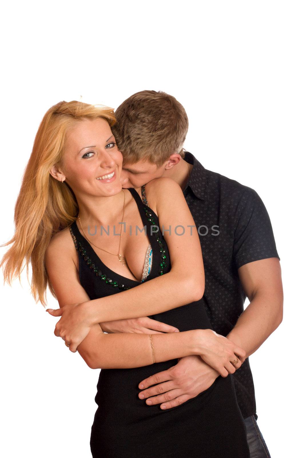 Young blond beautiful couple isolated on white