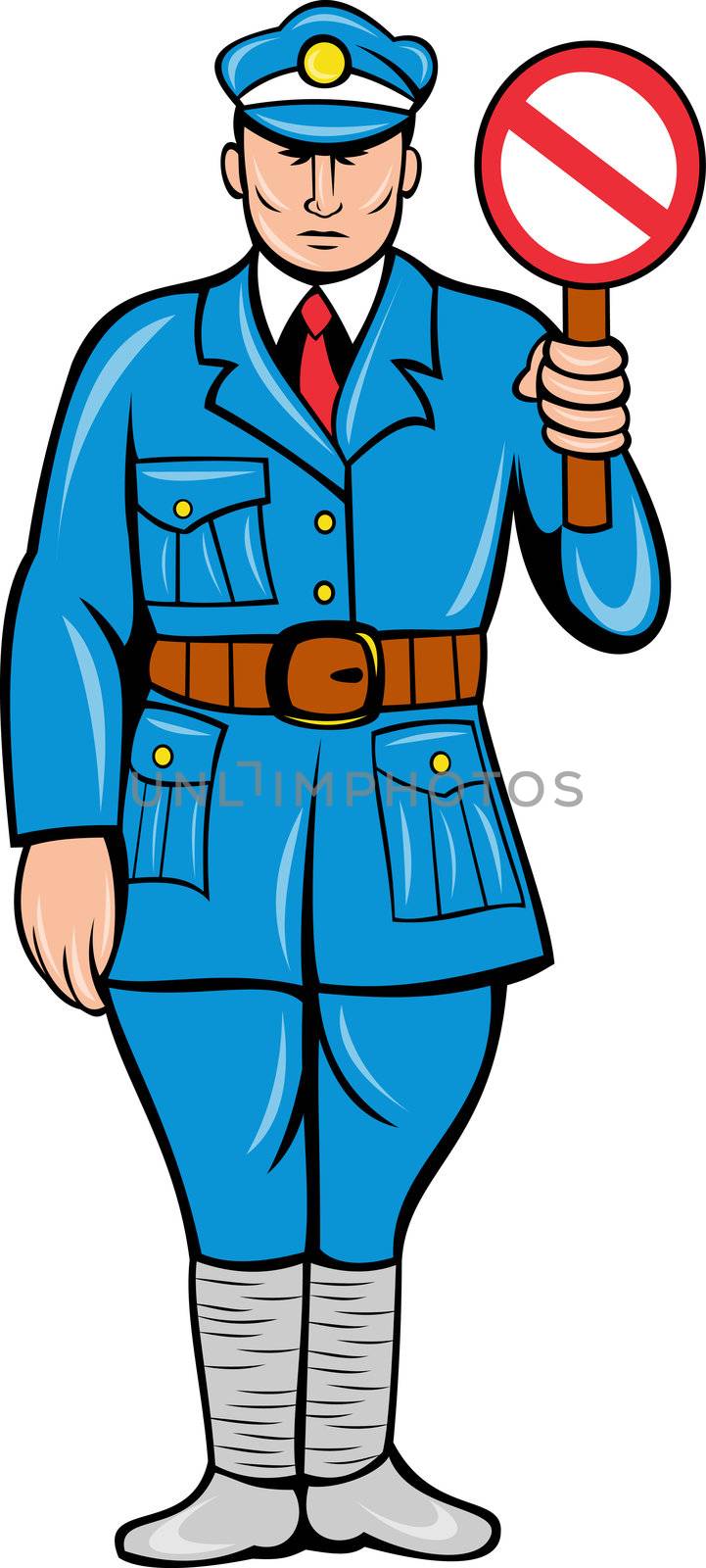retro style illustration of a policeman or police officer with stop sign standing front view