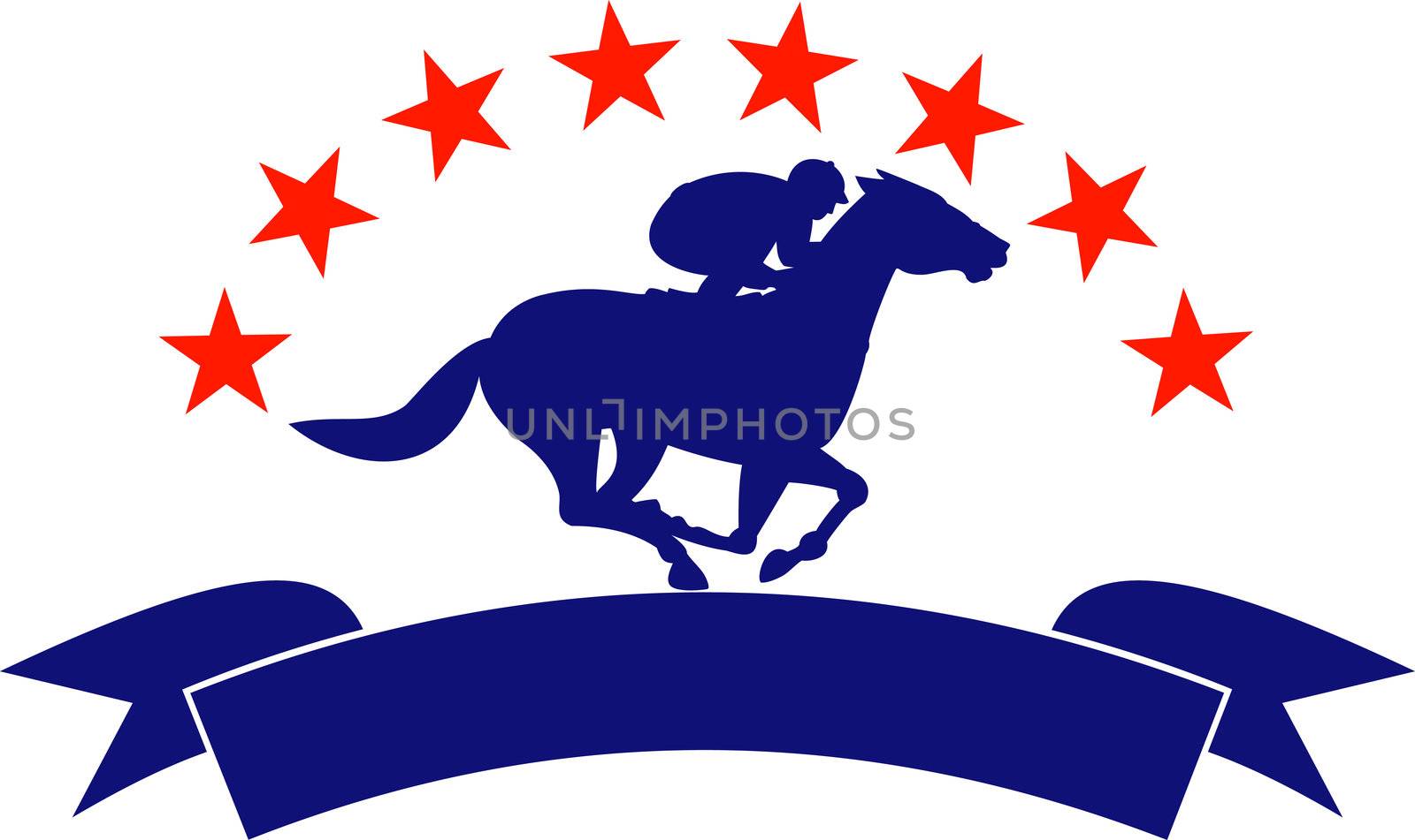 illustration of a horse and jockey racing silhouette with scroll in front and stars in background isolated on white