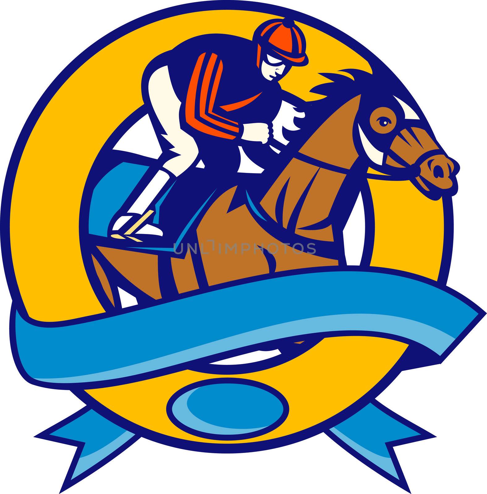 Horse and jockey racing by patrimonio